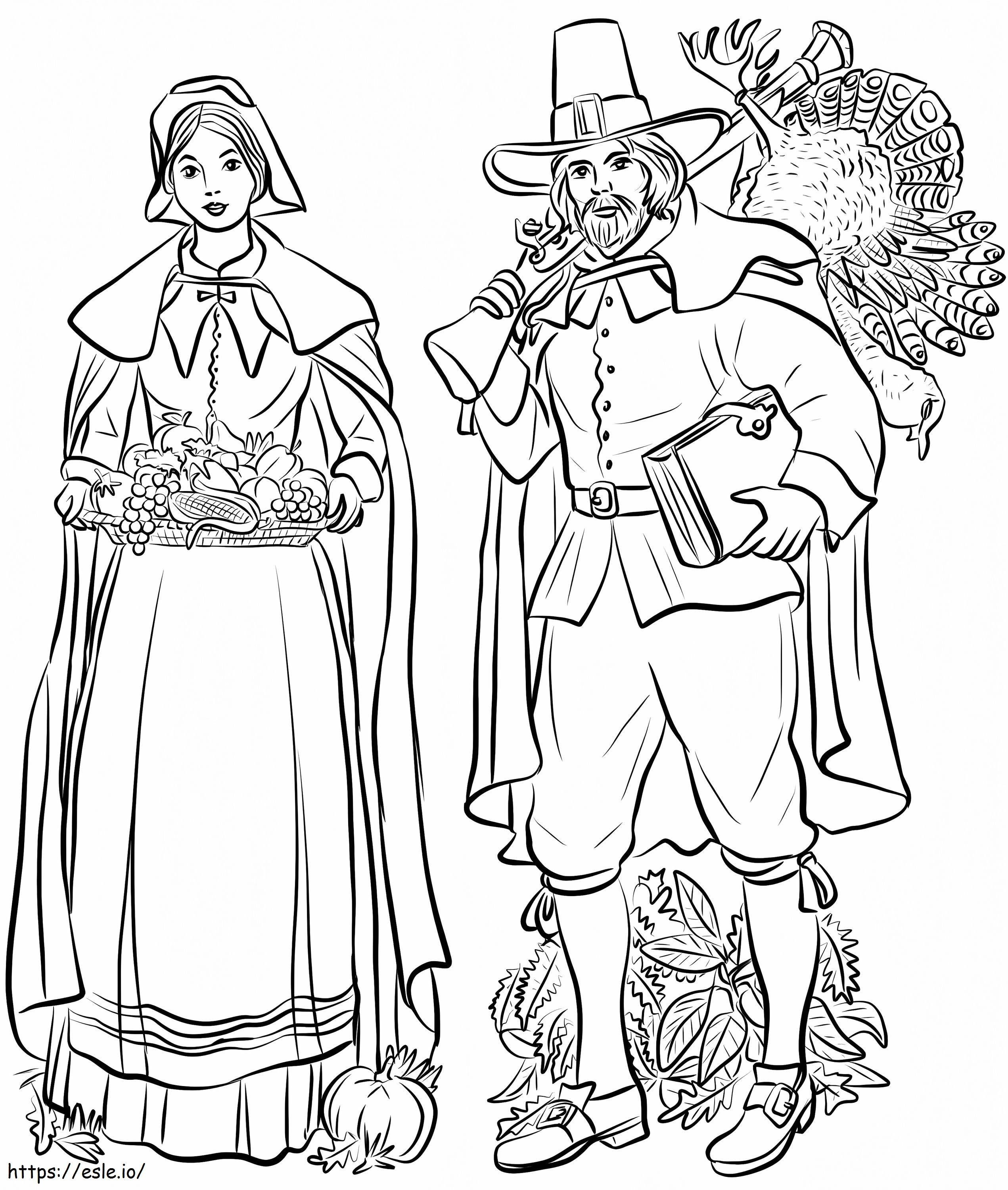 Coloriage Couple de pèlerins 2 à imprimer dessin