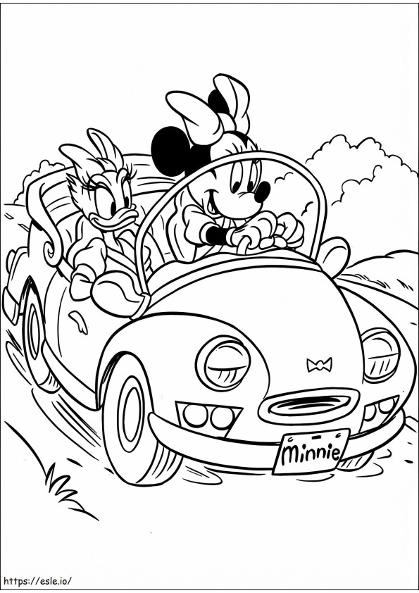 Minnie Mouse y la Pata Daisy conduciendo un coche para colorear