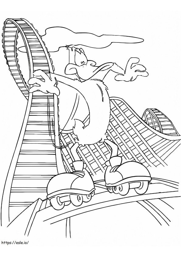 Coloriage Daffy Duck sur des montagnes russes à imprimer dessin