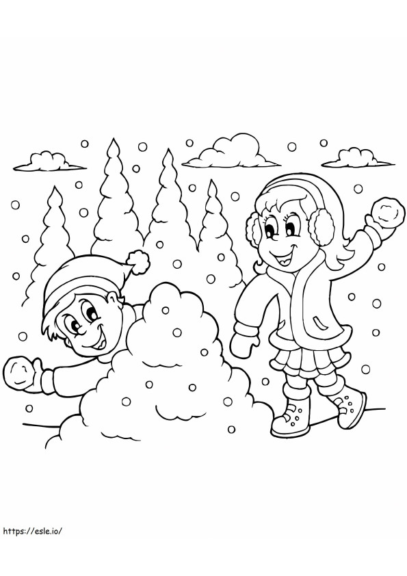 Lapset lumipallotaistelussa värityskuva