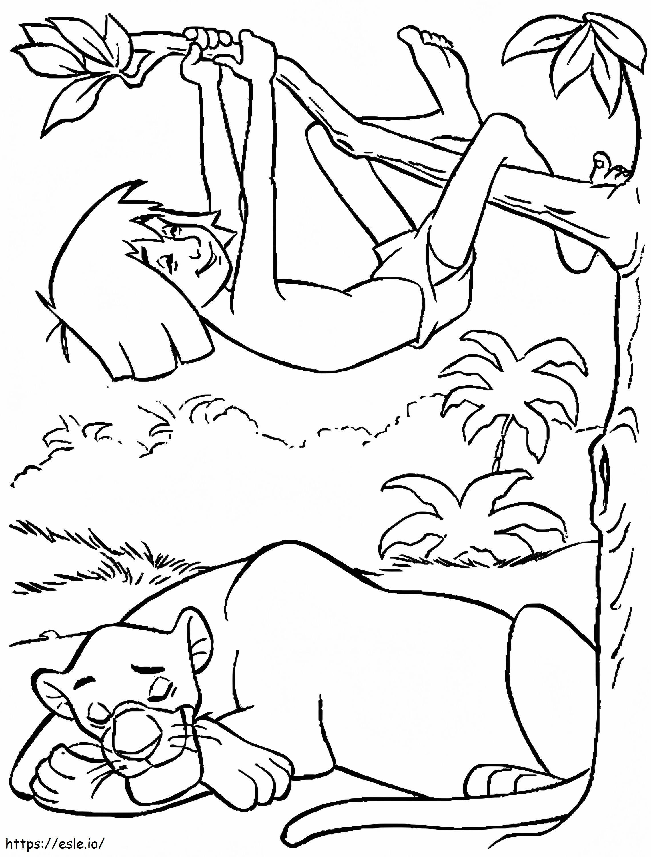 Bagheera nukkuva ja kiipeävä Mowgli värityskuva