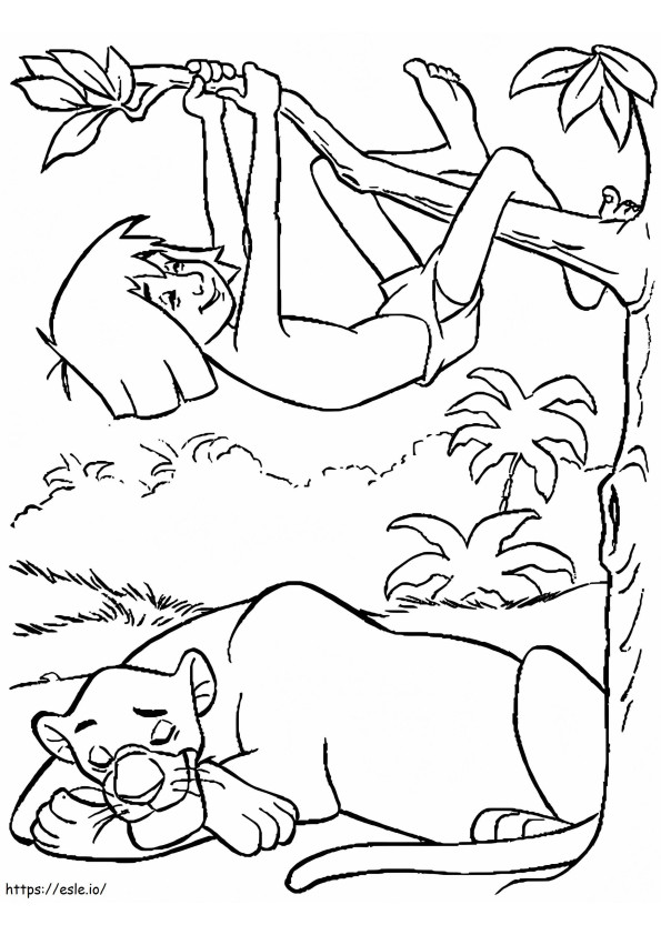 Coloriage Bagheera dormant et escaladant Mowgli à imprimer dessin