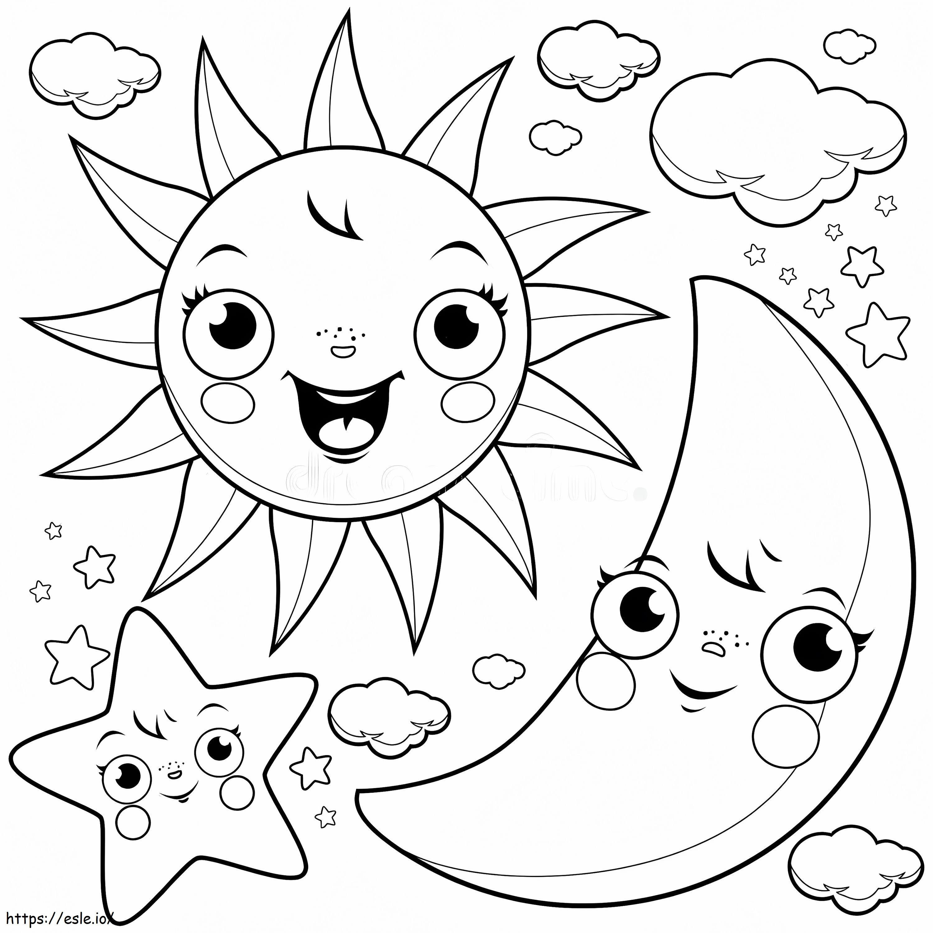 Cartoon Sun And Moon With Stars coloring page