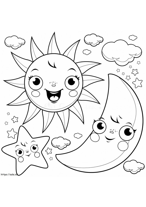 Dibujos animados de sol y luna con estrellas para colorear