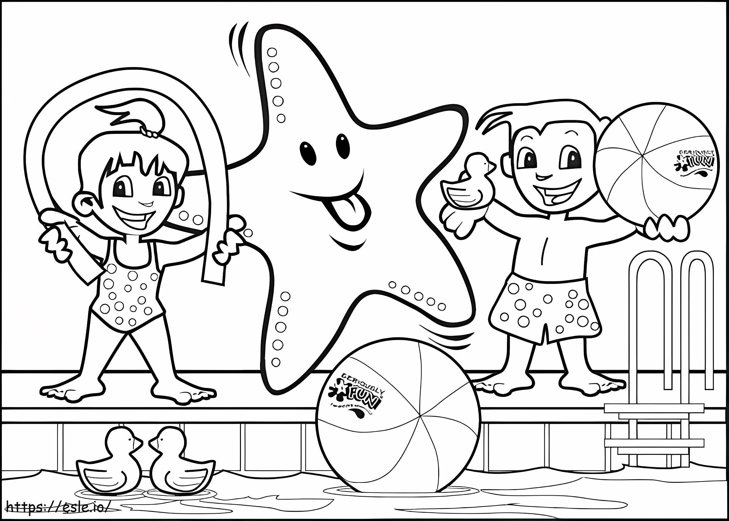 Duas crianças e estrelas do mar na piscina para colorir