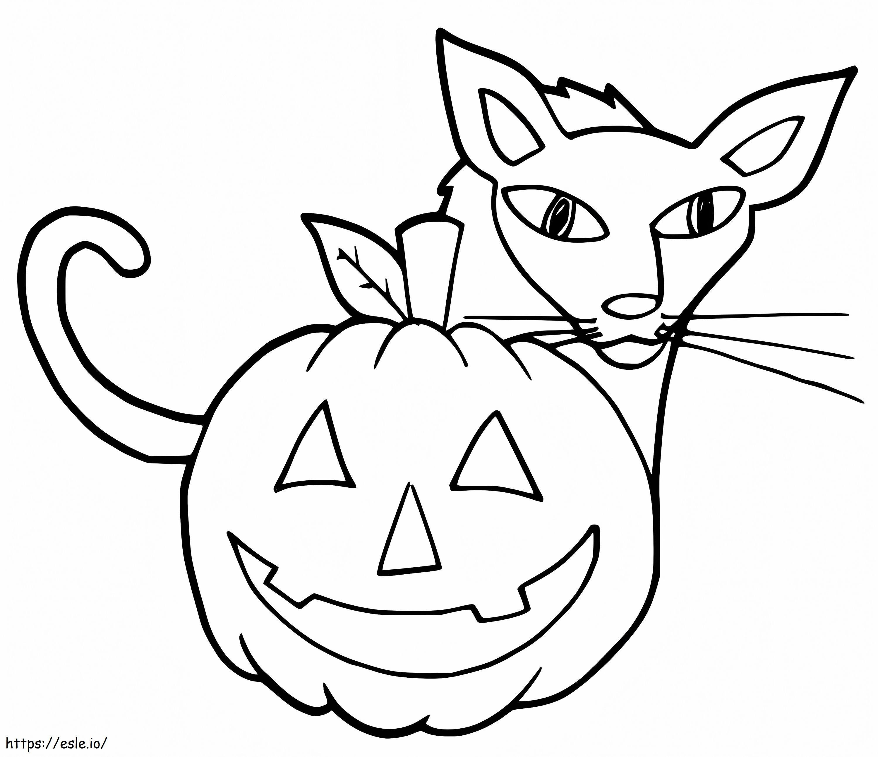 Coloriage Un chat derrière une citrouille à imprimer dessin