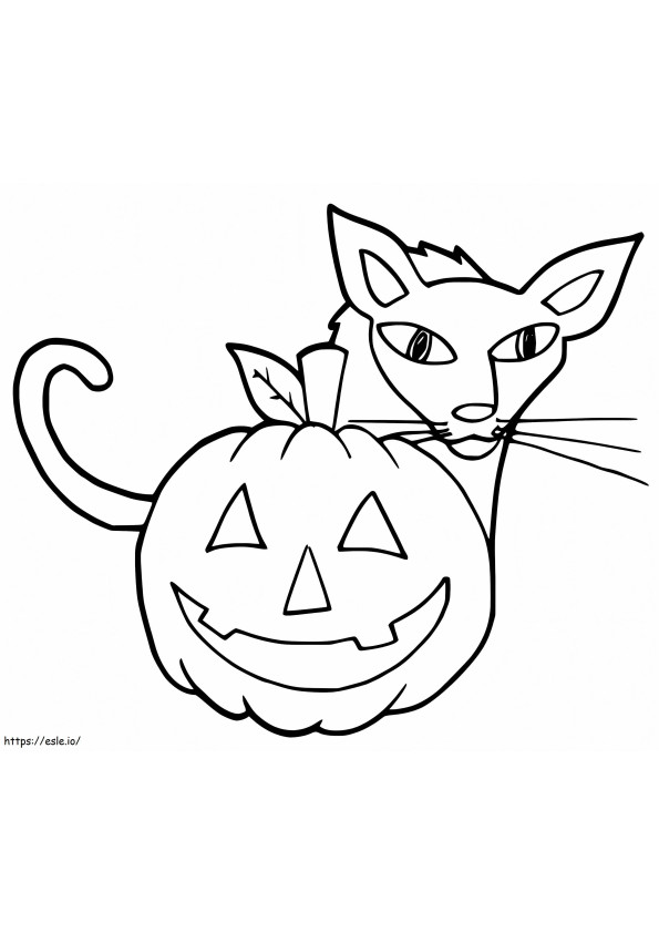 Coloriage Un chat derrière une citrouille à imprimer dessin