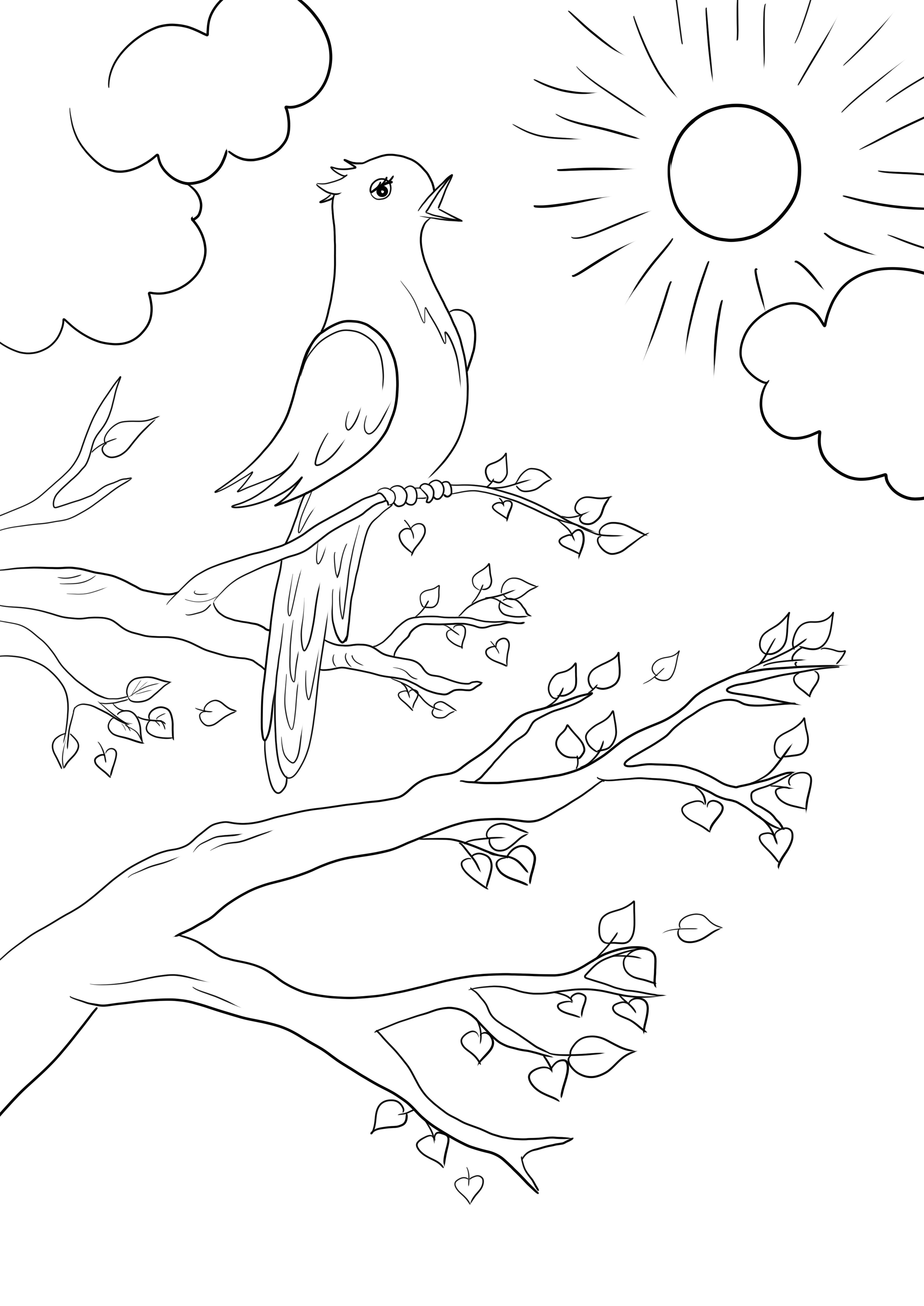 Pássaro da primavera cantando em uma árvore para colorir de graça