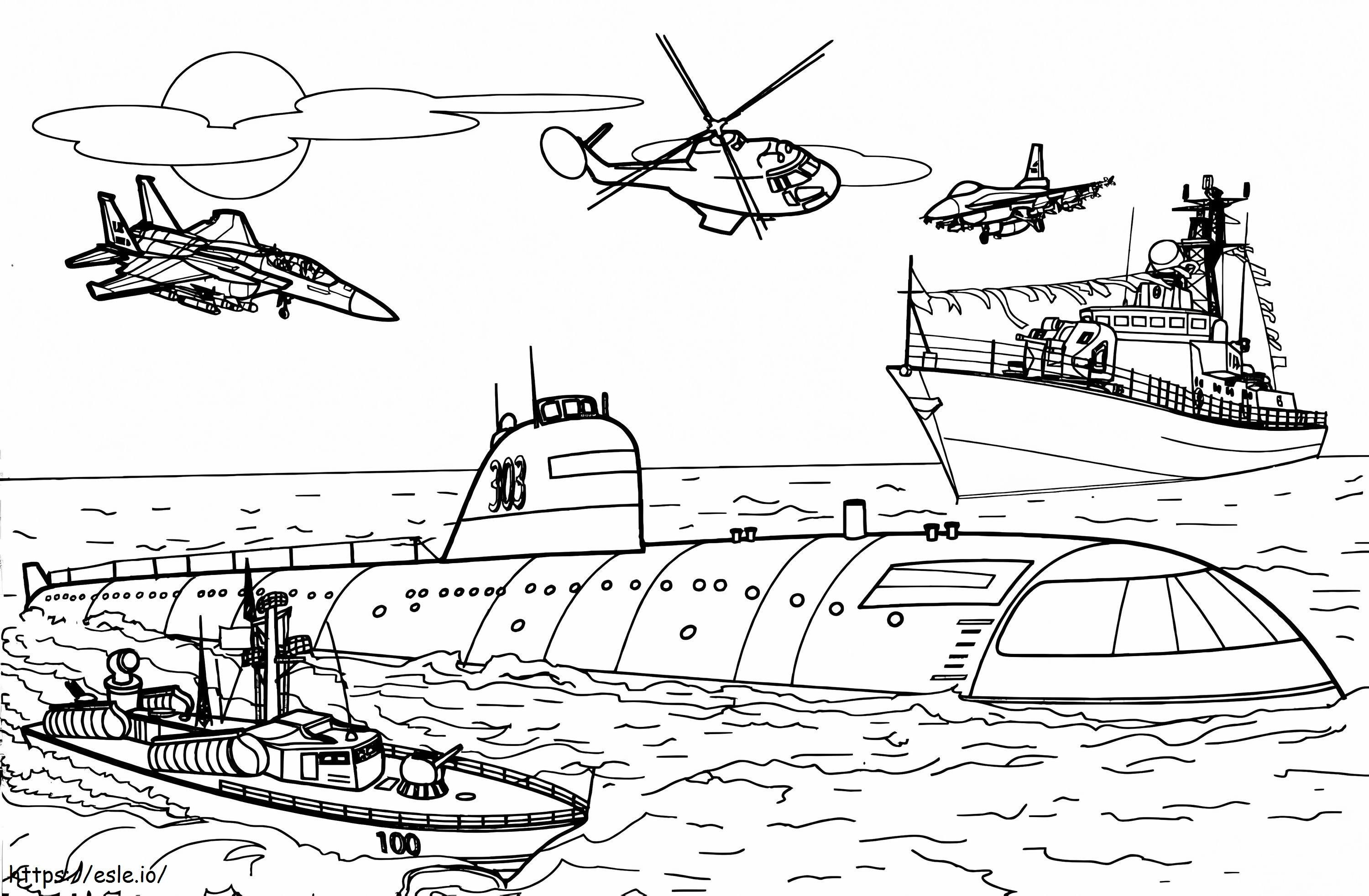 Navios de guerra Sumbarine e aeronaves para colorir