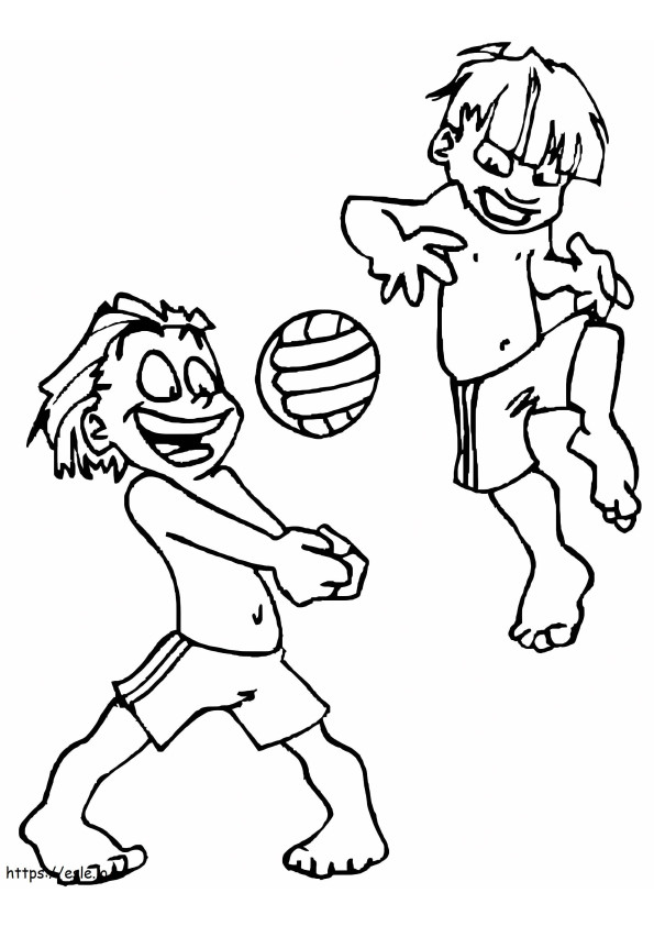 Kaksi lasta pelaa lentopalloa värityskuva