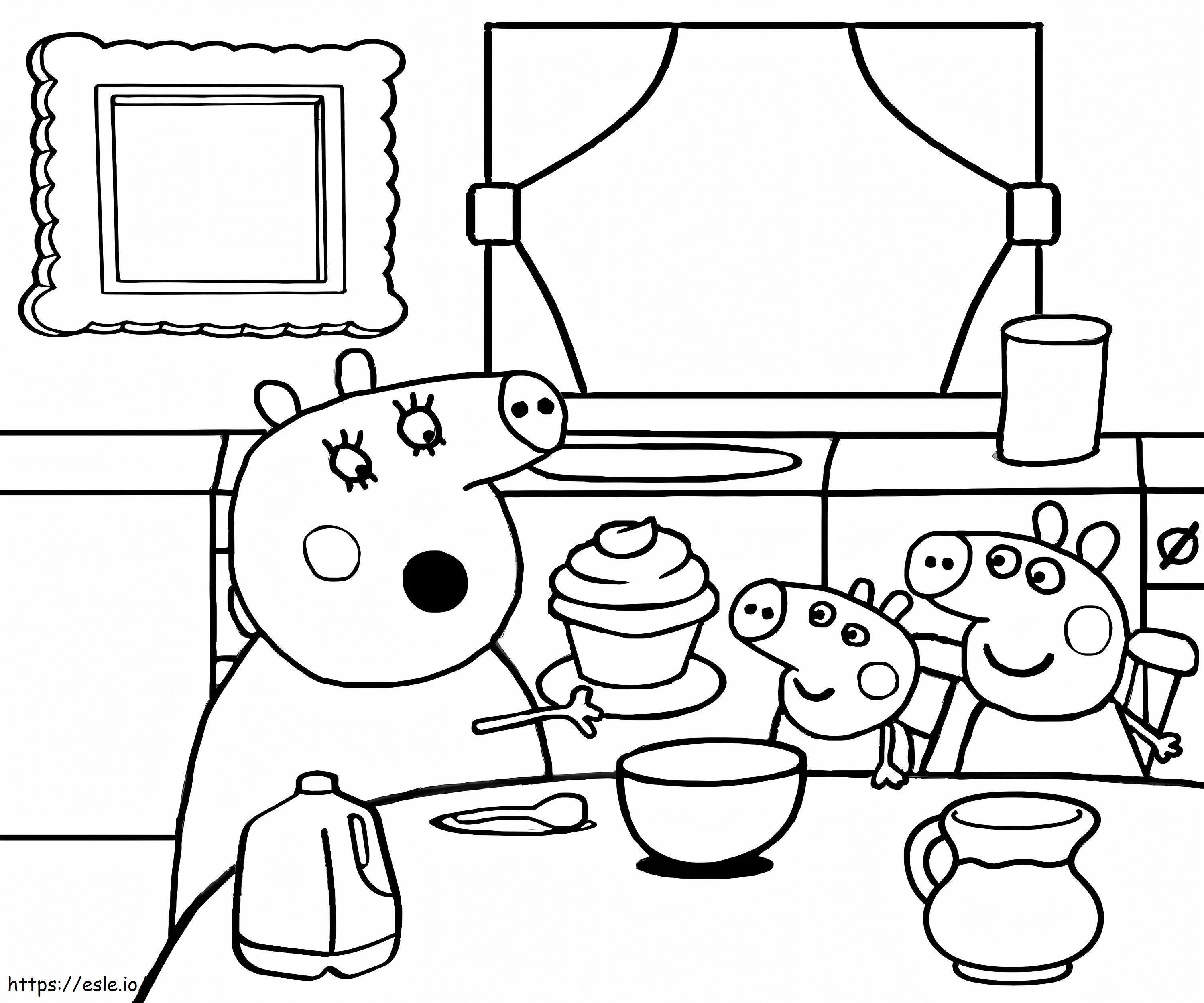 Coloriage La famille Peppa Pig dans la cuisine à imprimer dessin