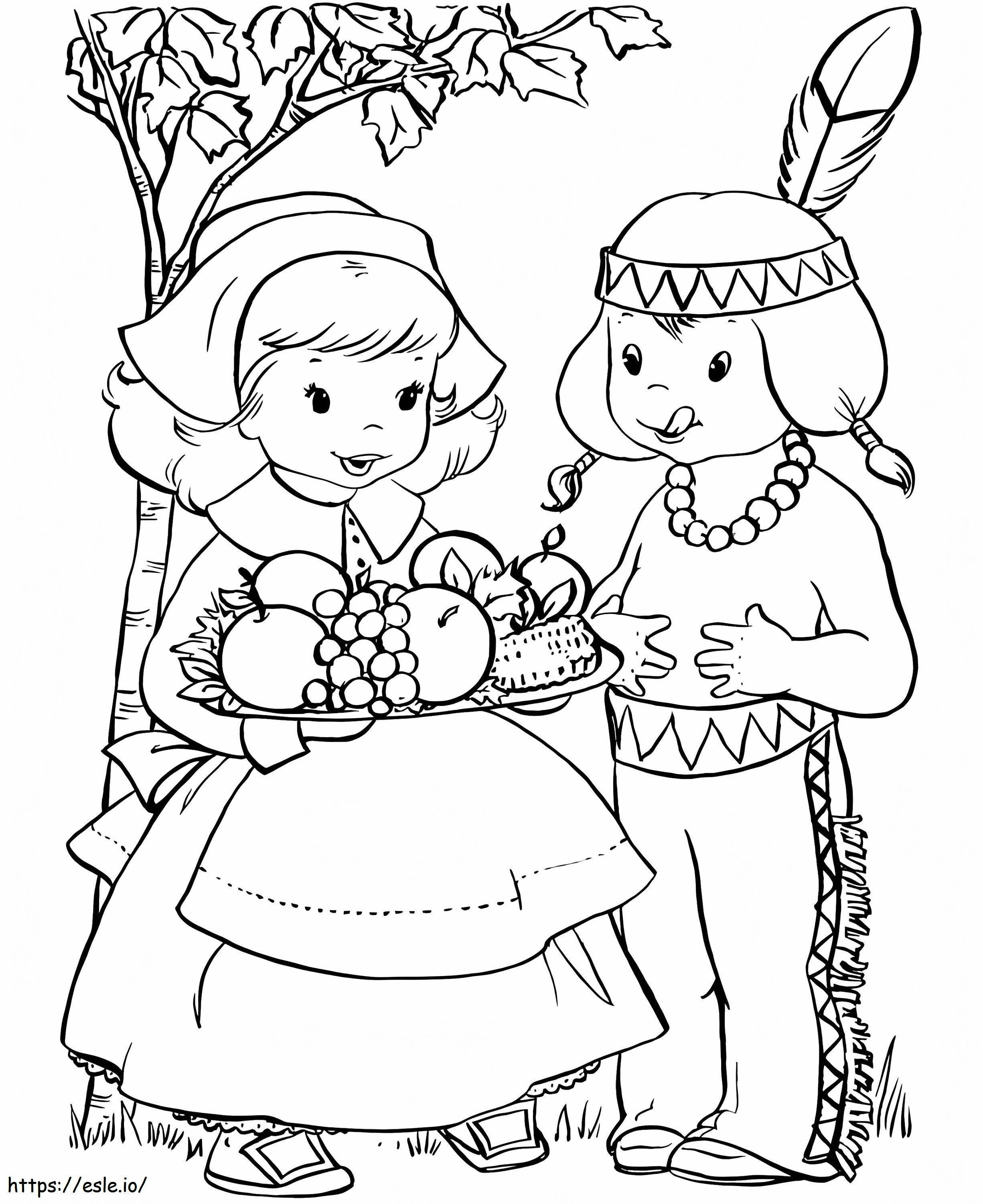 Cute Pilgrim And Indian coloring page