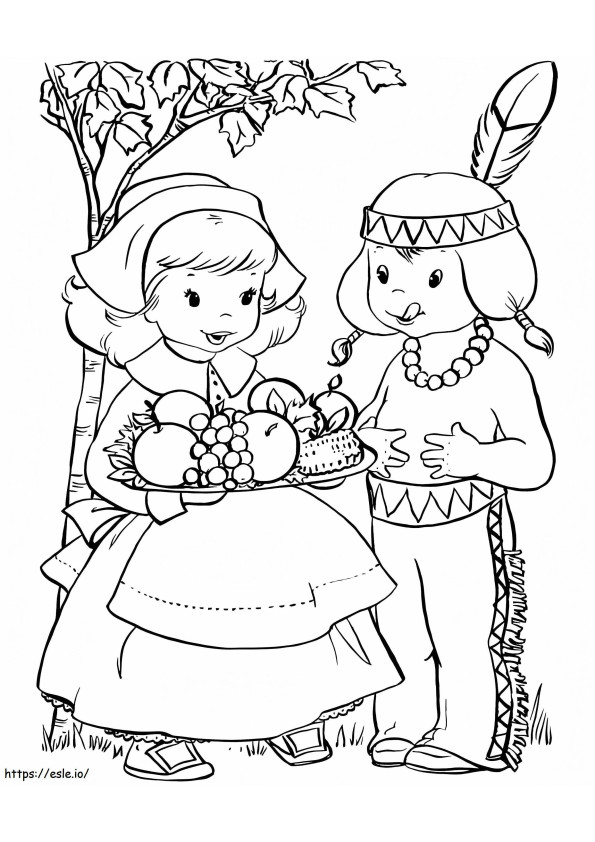 Cute Pilgrim And Indian coloring page