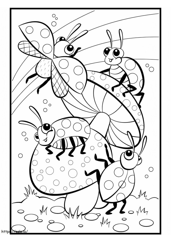 Four Ladybugs With Mushrooms coloring page