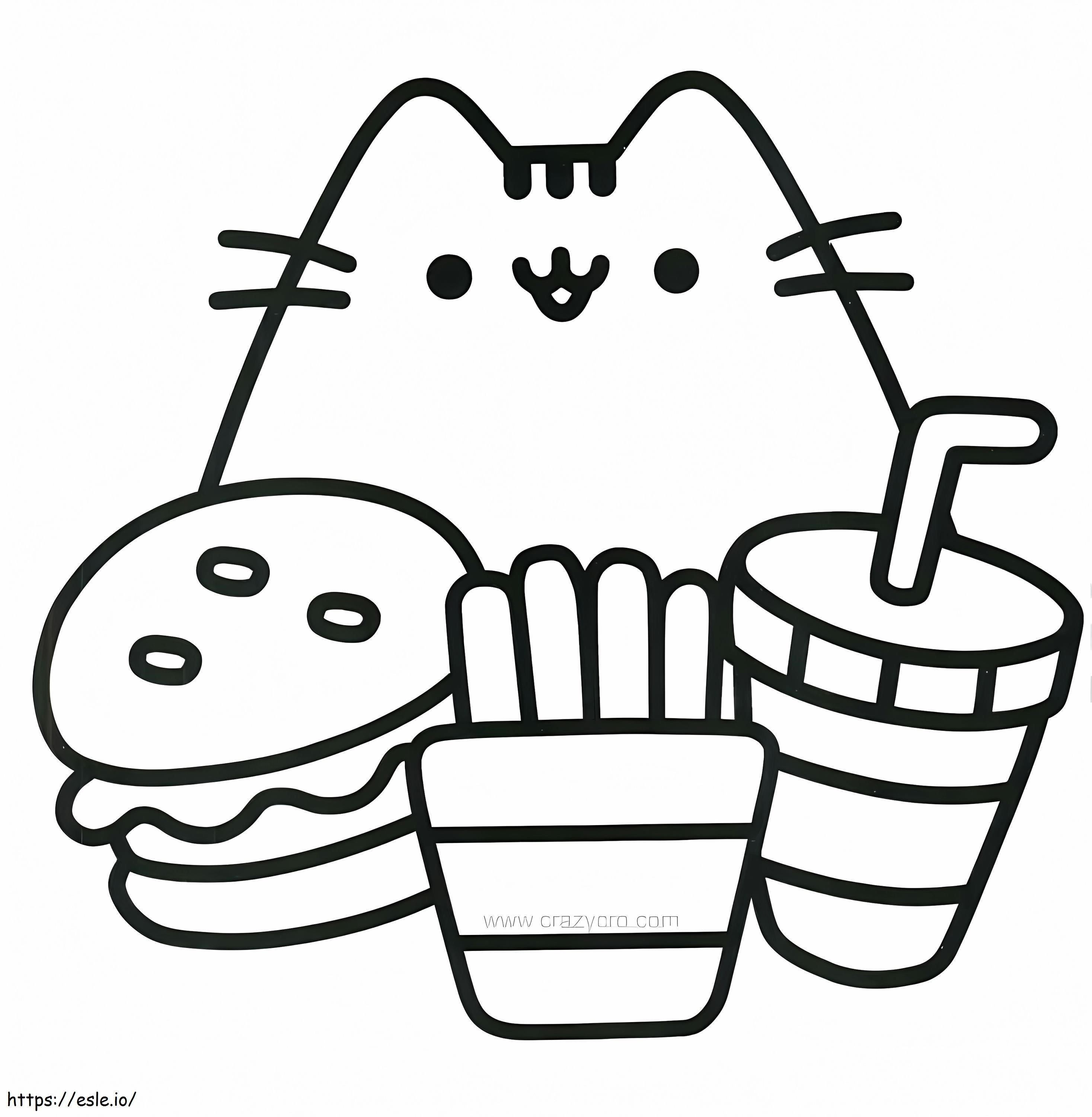 Pusheen With Three Foods coloring page