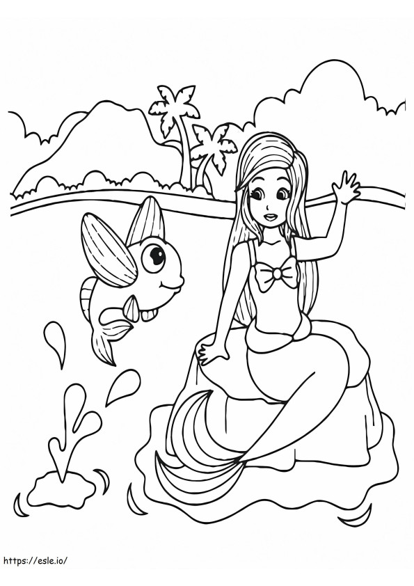 Mermaid Waving And Fish Jumping coloring page
