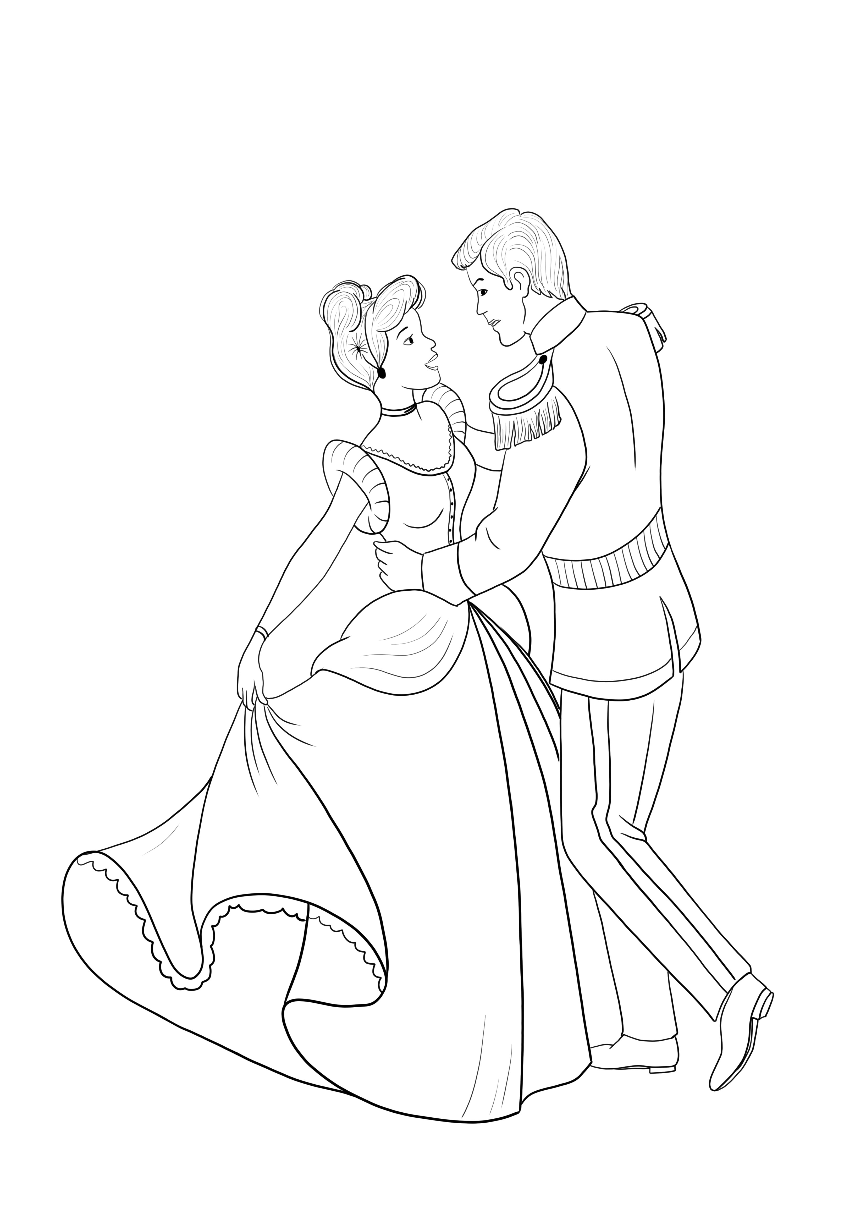 Cenicienta y el principe bailando ficha para colorear para descargar gratis