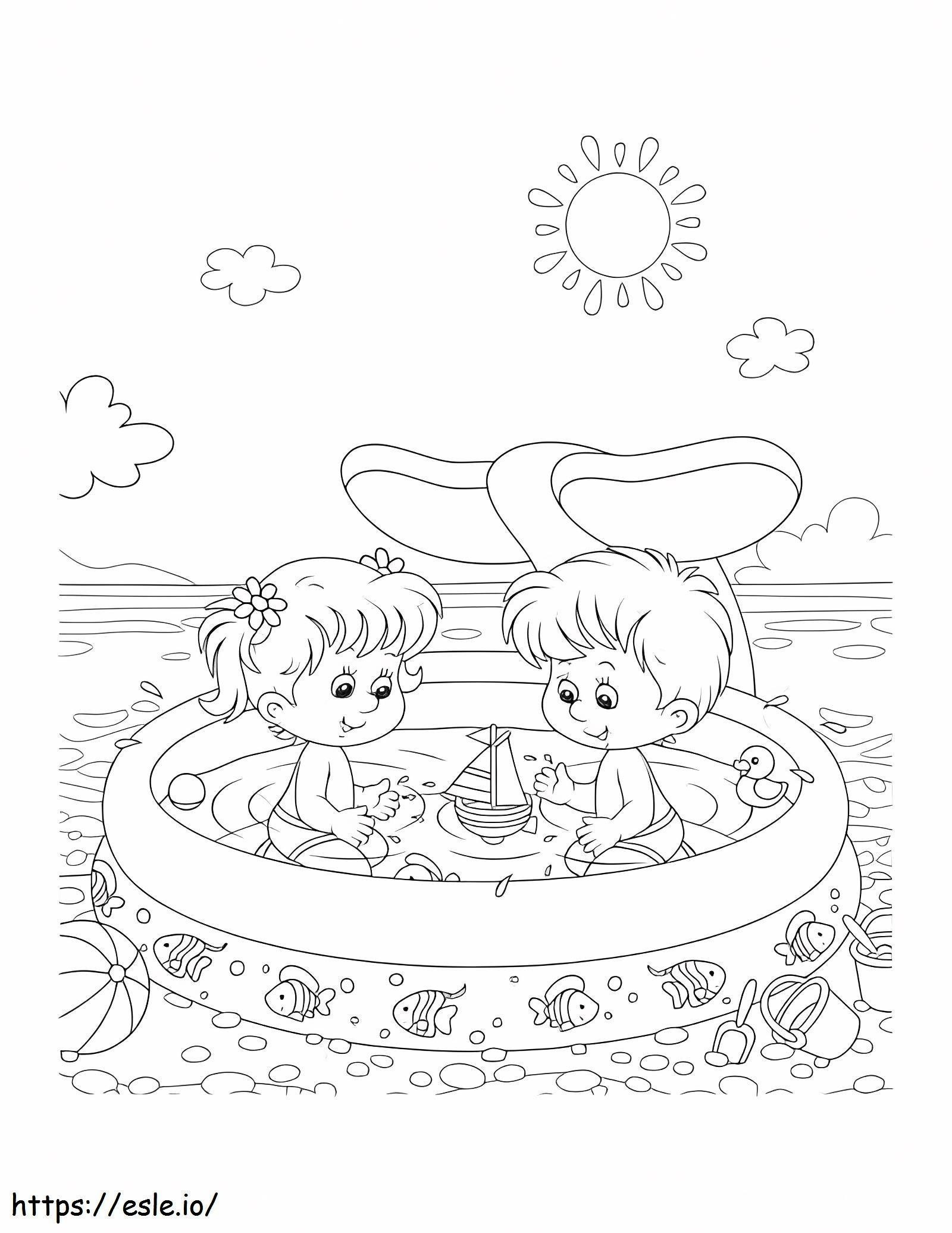Coloriage Enfant garçon et fille dans la piscine à imprimer dessin