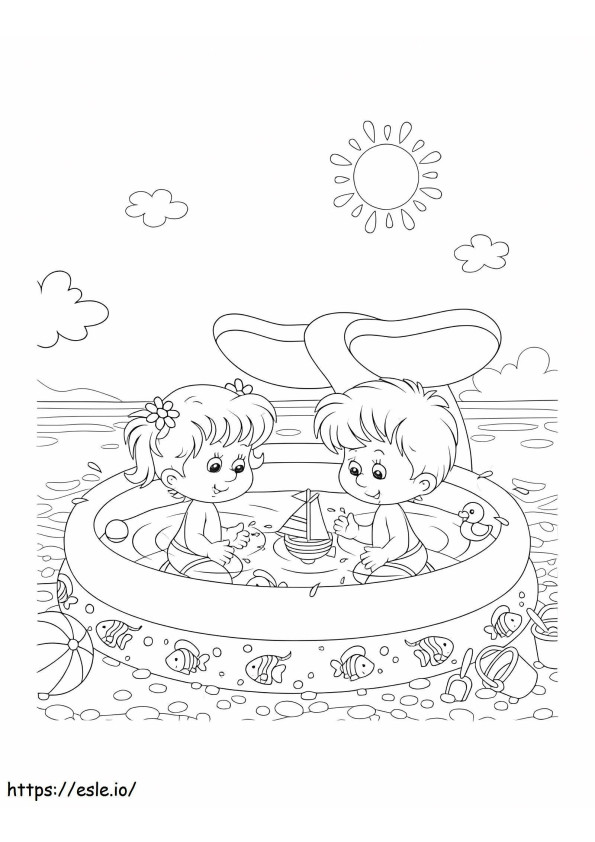 Kindjongen en meisje in zwembad kleurplaat