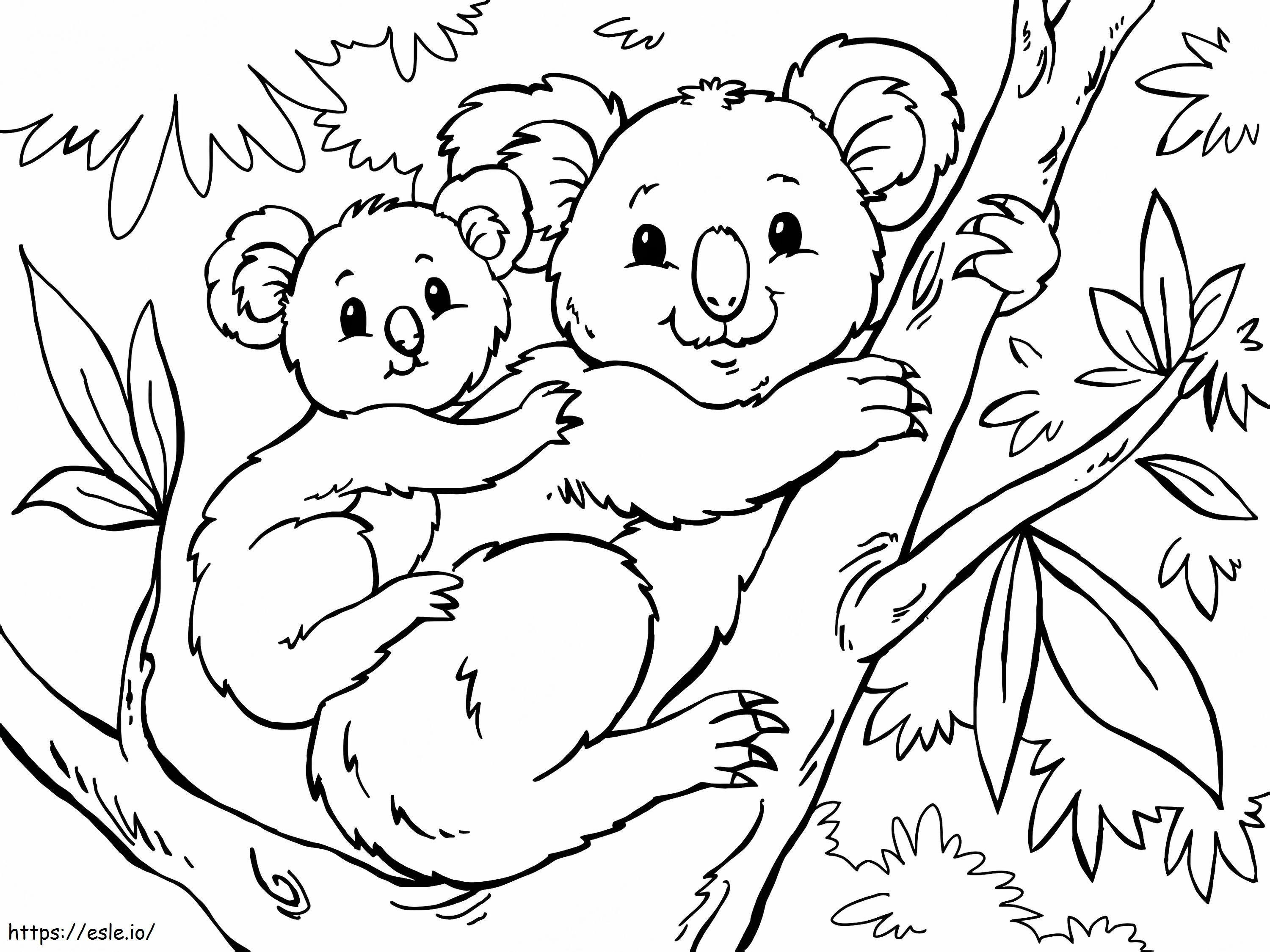 Mãe coala com bebê coala na árvore para colorir