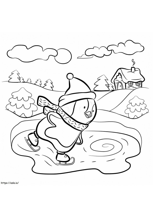Penguin Playing Ice Skating In Winter coloring page