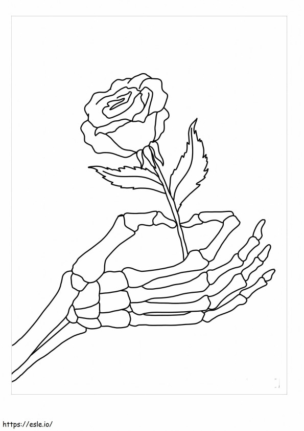 Mão de esqueleto segurando uma rosa para colorir