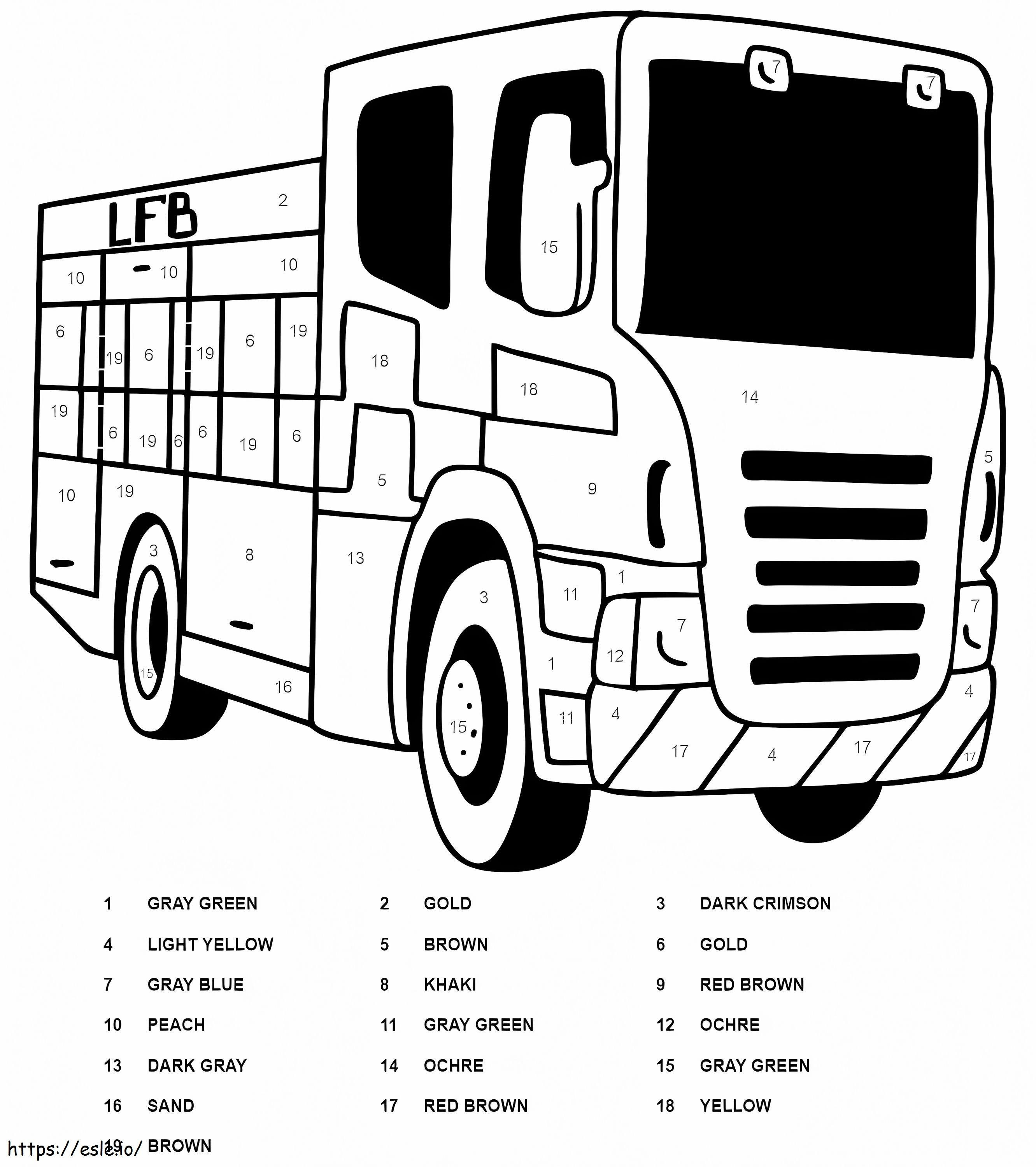Coloriage Couleur par numéro de camion de pompiers à imprimer dessin