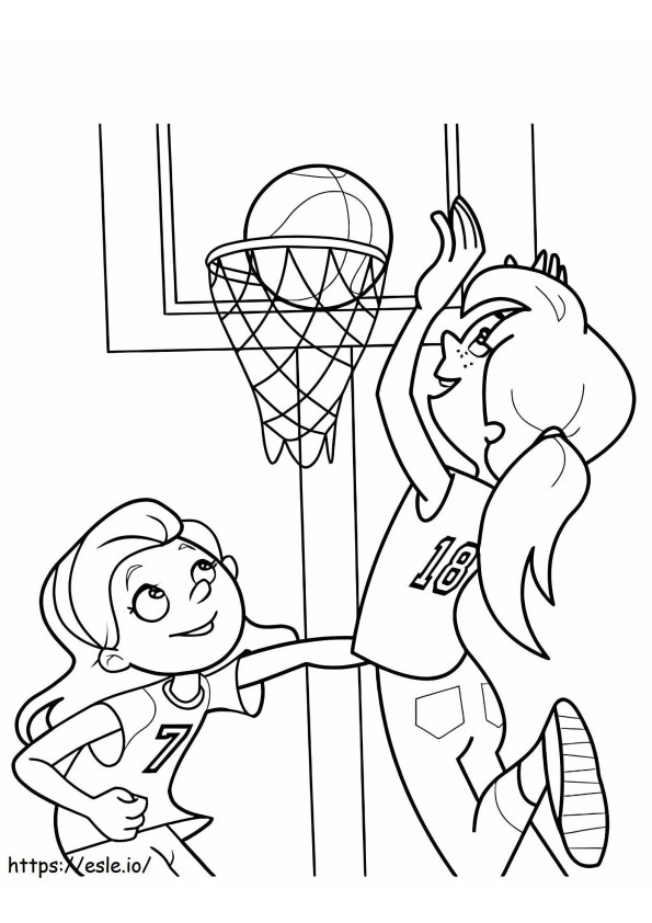 Kaksi tyttöä pelaamassa koripalloa värityskuva
