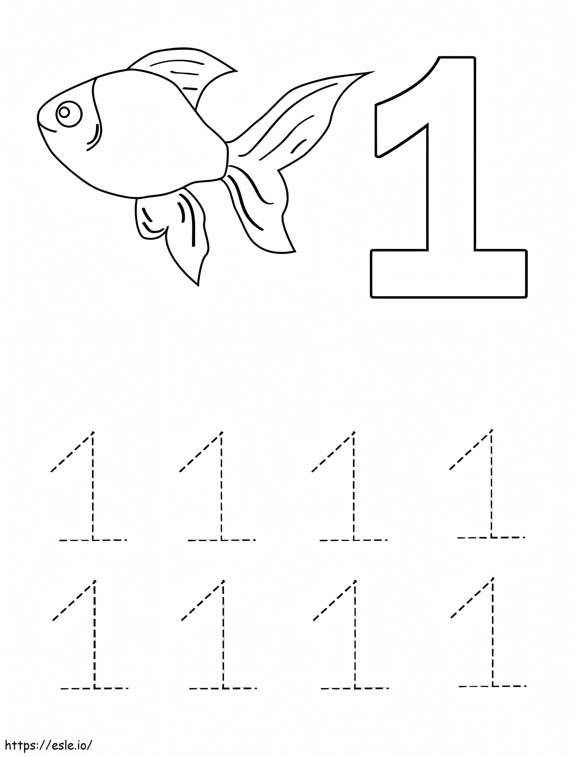 Número 1 e peixe para colorir