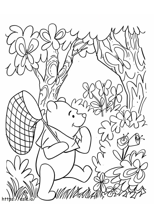 Coloriage Winnie l'ourson va attraper des insectes à imprimer dessin