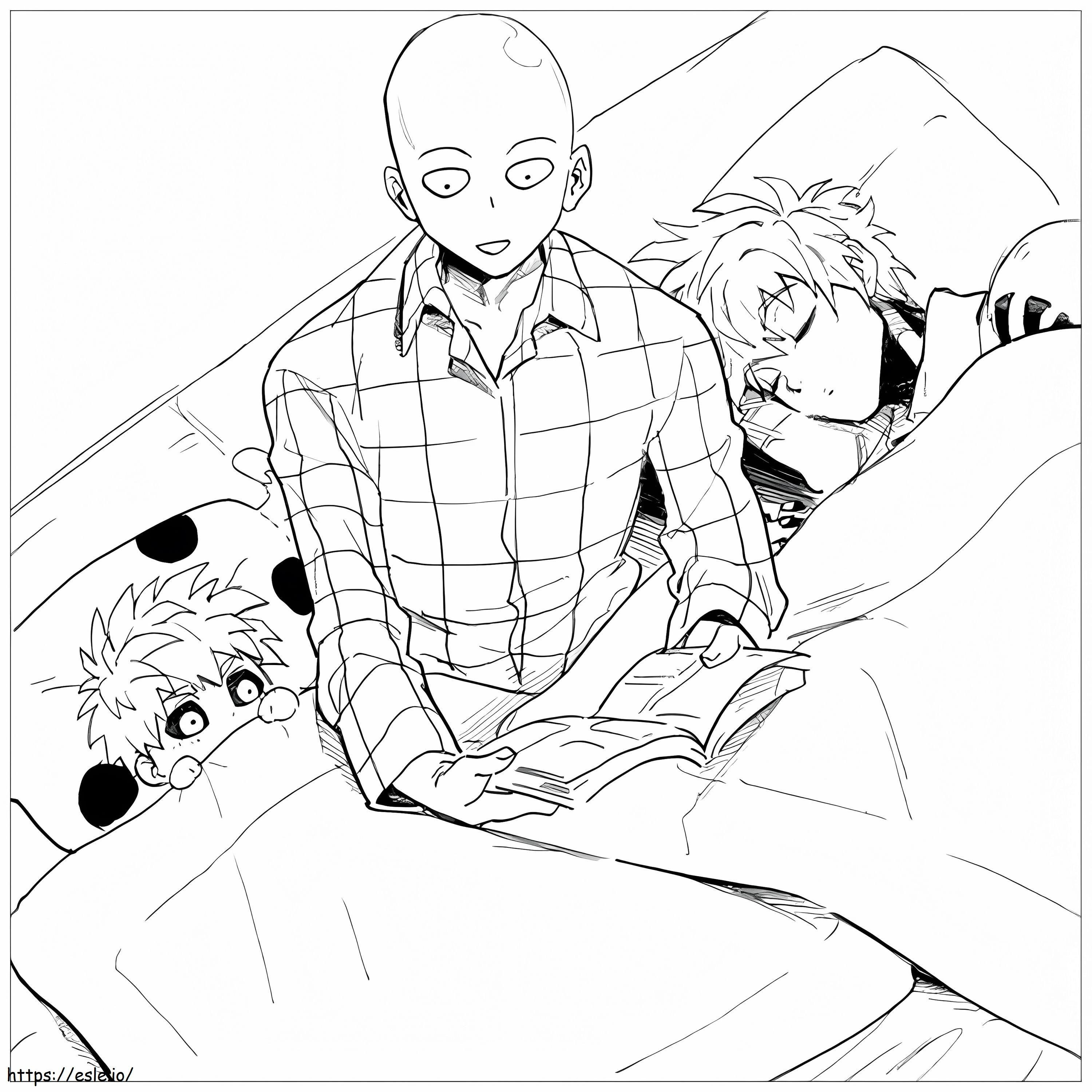 Coloriage Saitama et Genos au lit à imprimer dessin