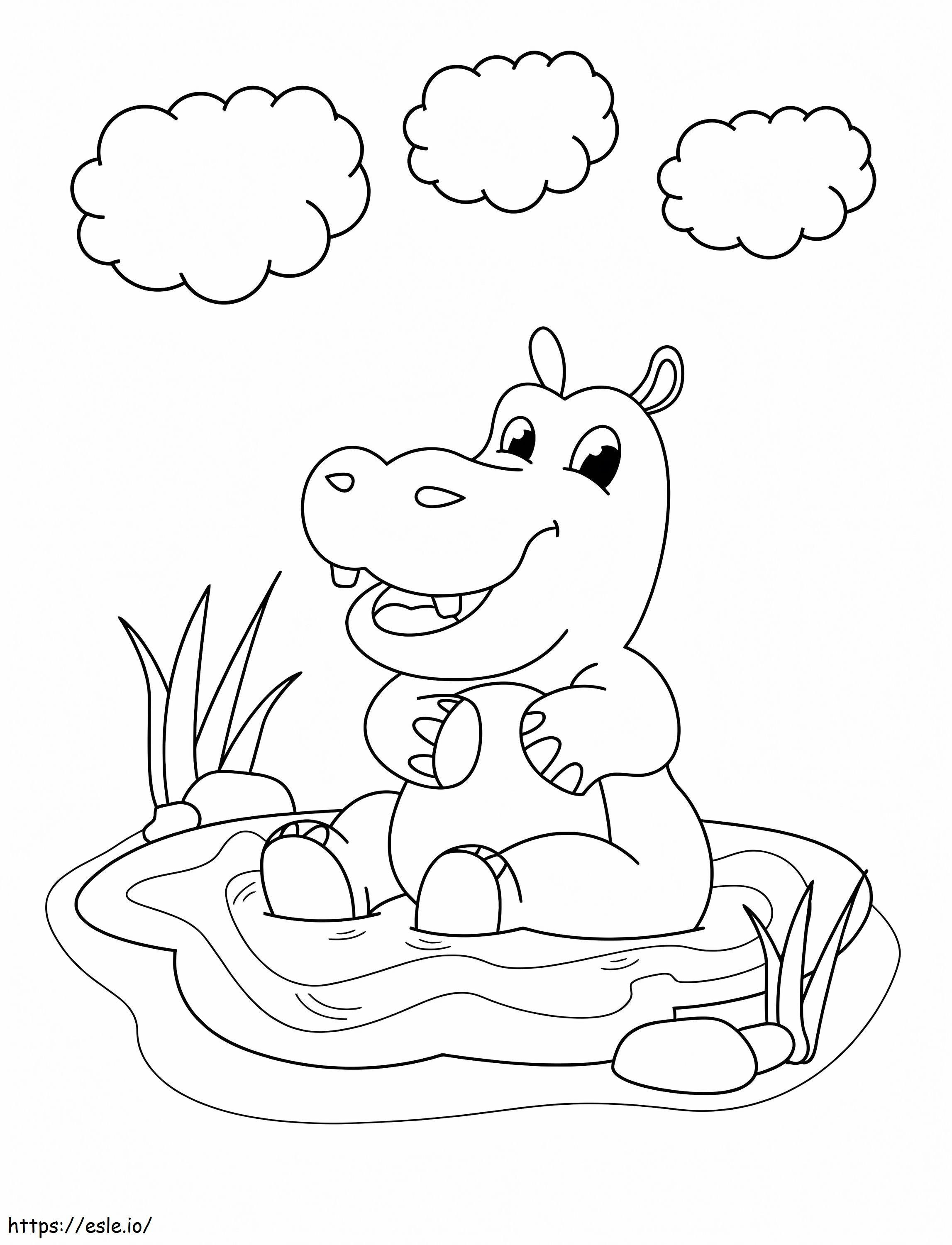 Hipopótamo sentado em uma poça para colorir