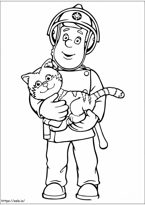 Coloriage Sam le pompier avec un chat à imprimer dessin