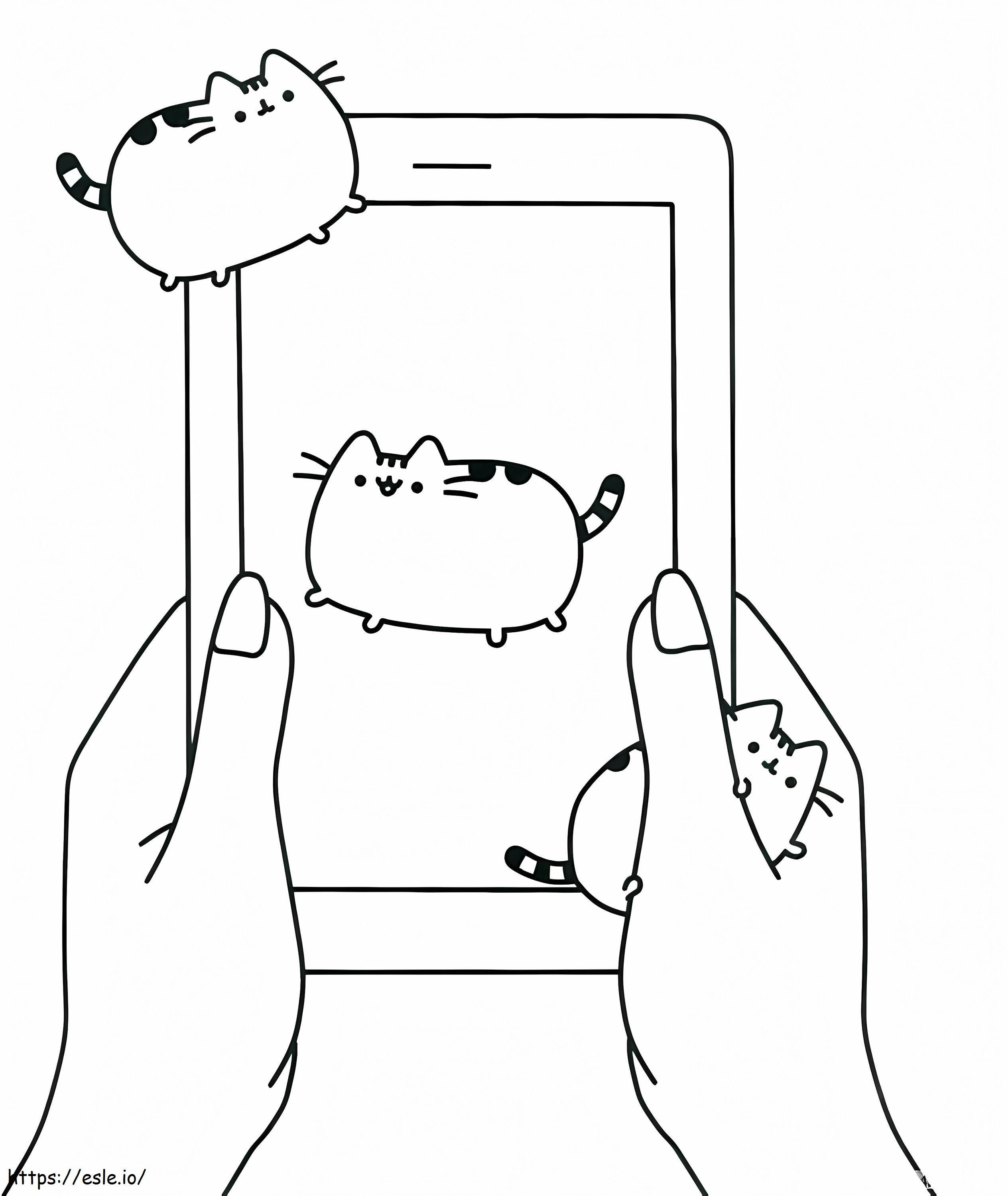 Three Pusheen On Smart Phone coloring page