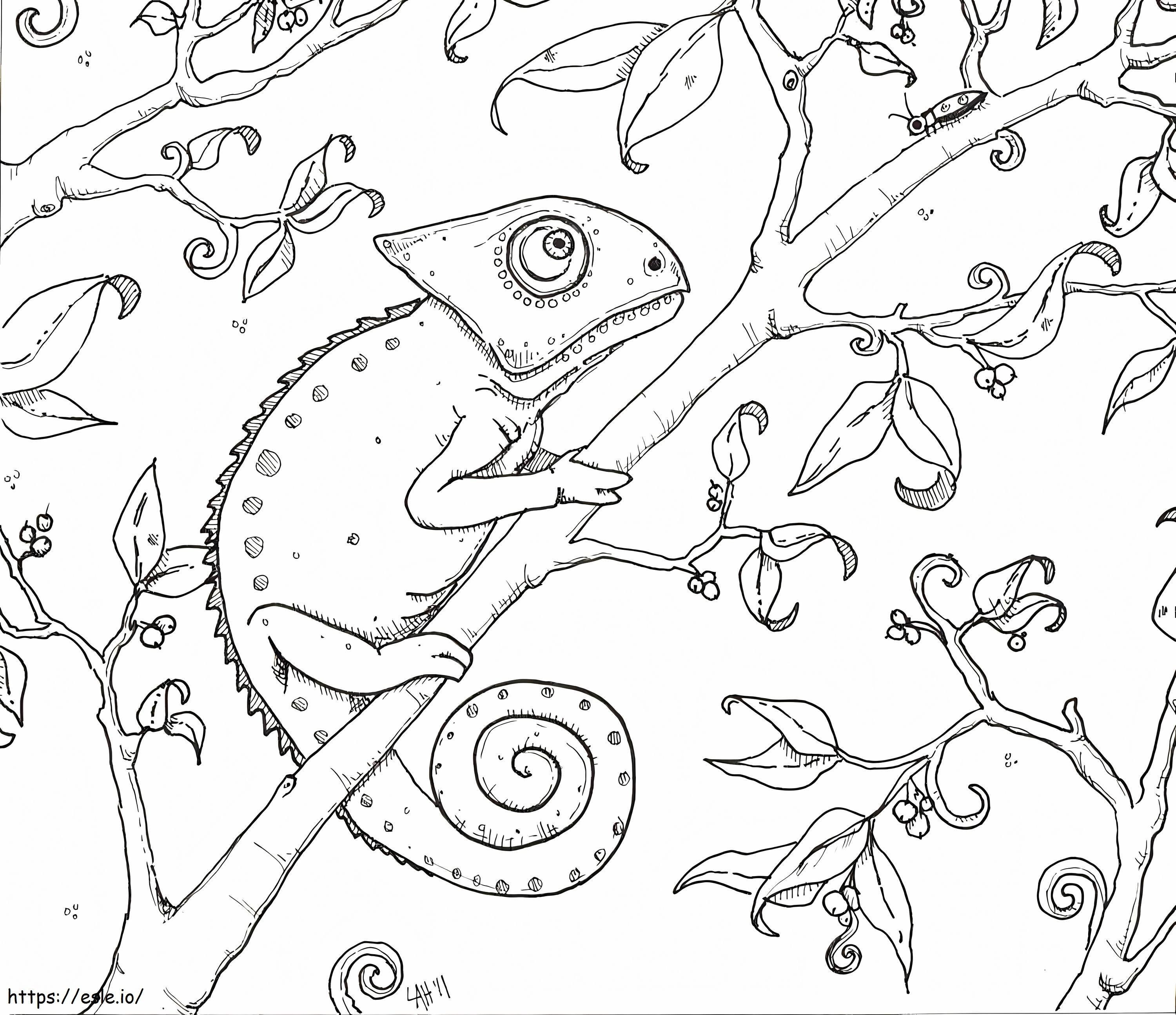 Kameleontti puun oksalla värityskuva