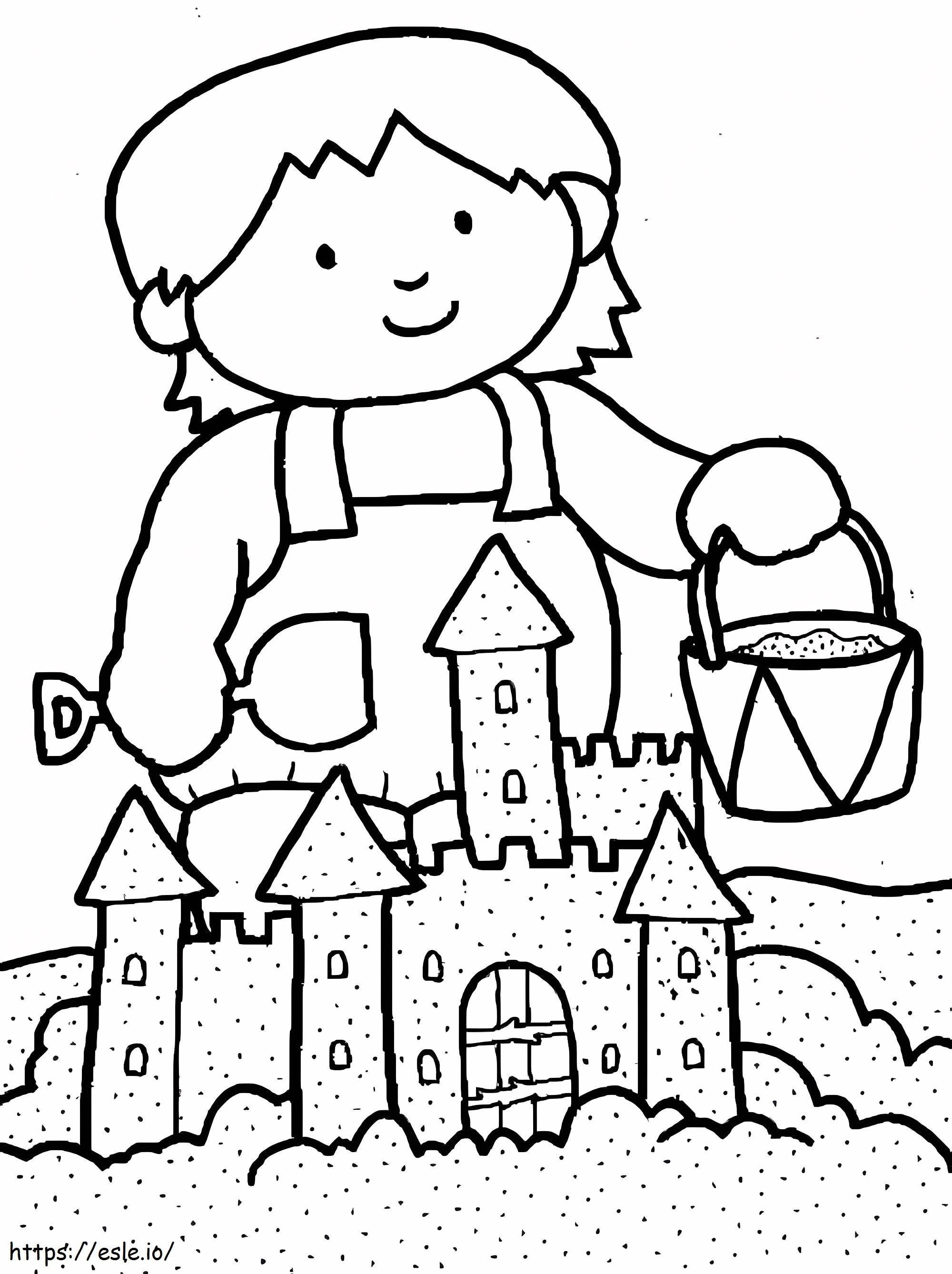 Mała dziewczynka buduje zamek z piasku kolorowanka