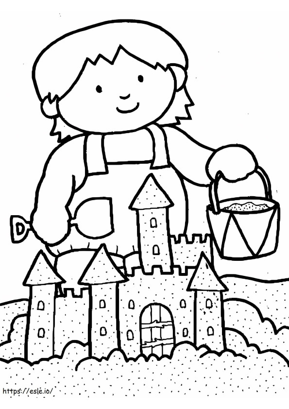 Menina construindo um castelo de areia para colorir