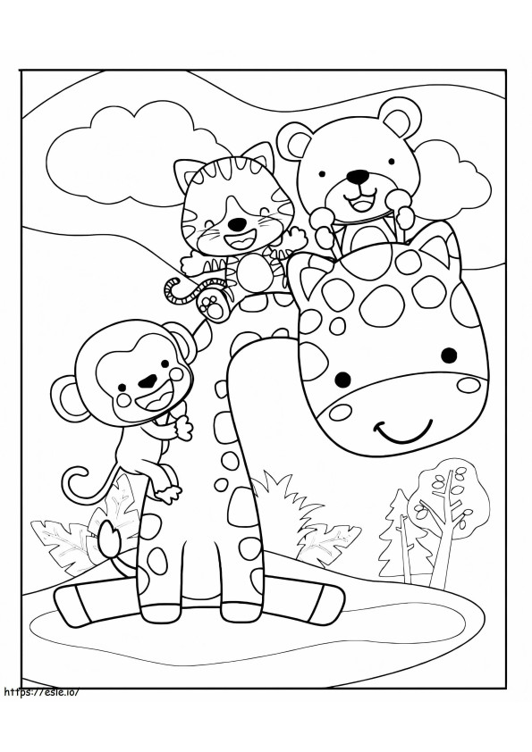 Giraffe With Three Animals coloring page