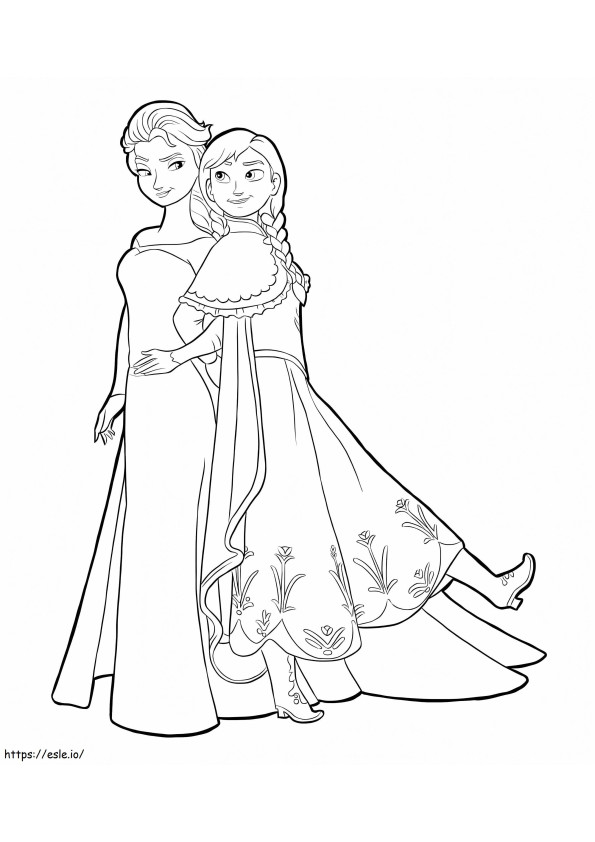 Coloriage Anna serre Elsa dans ses bras à imprimer dessin