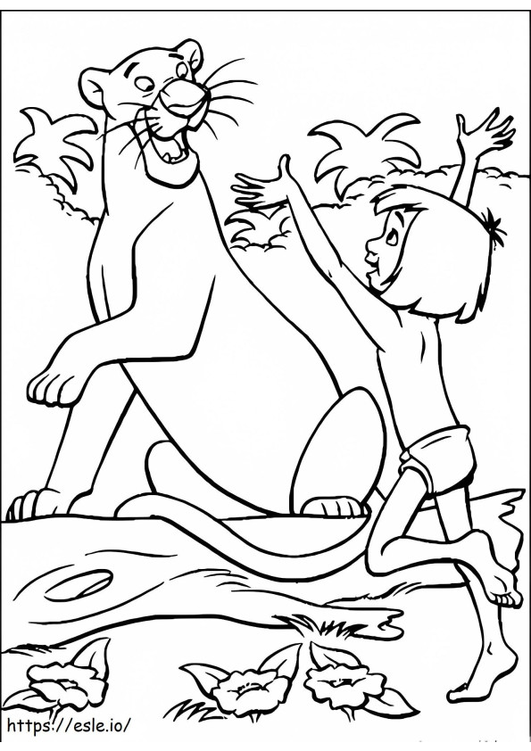 Coloriage Joyeux Bagheera et Mowgli à imprimer dessin