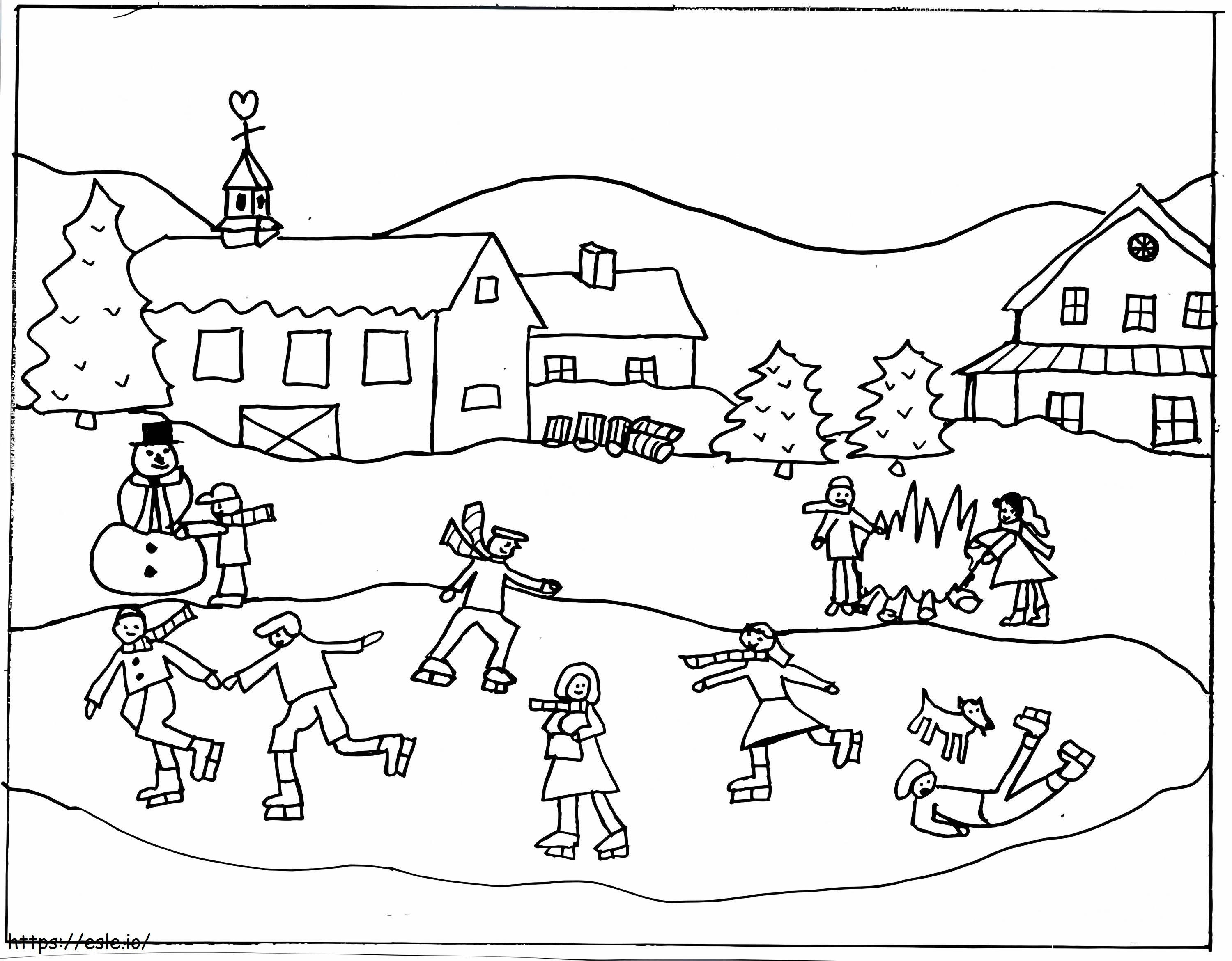Ice Skating Winter Scene Coloring Page coloring page