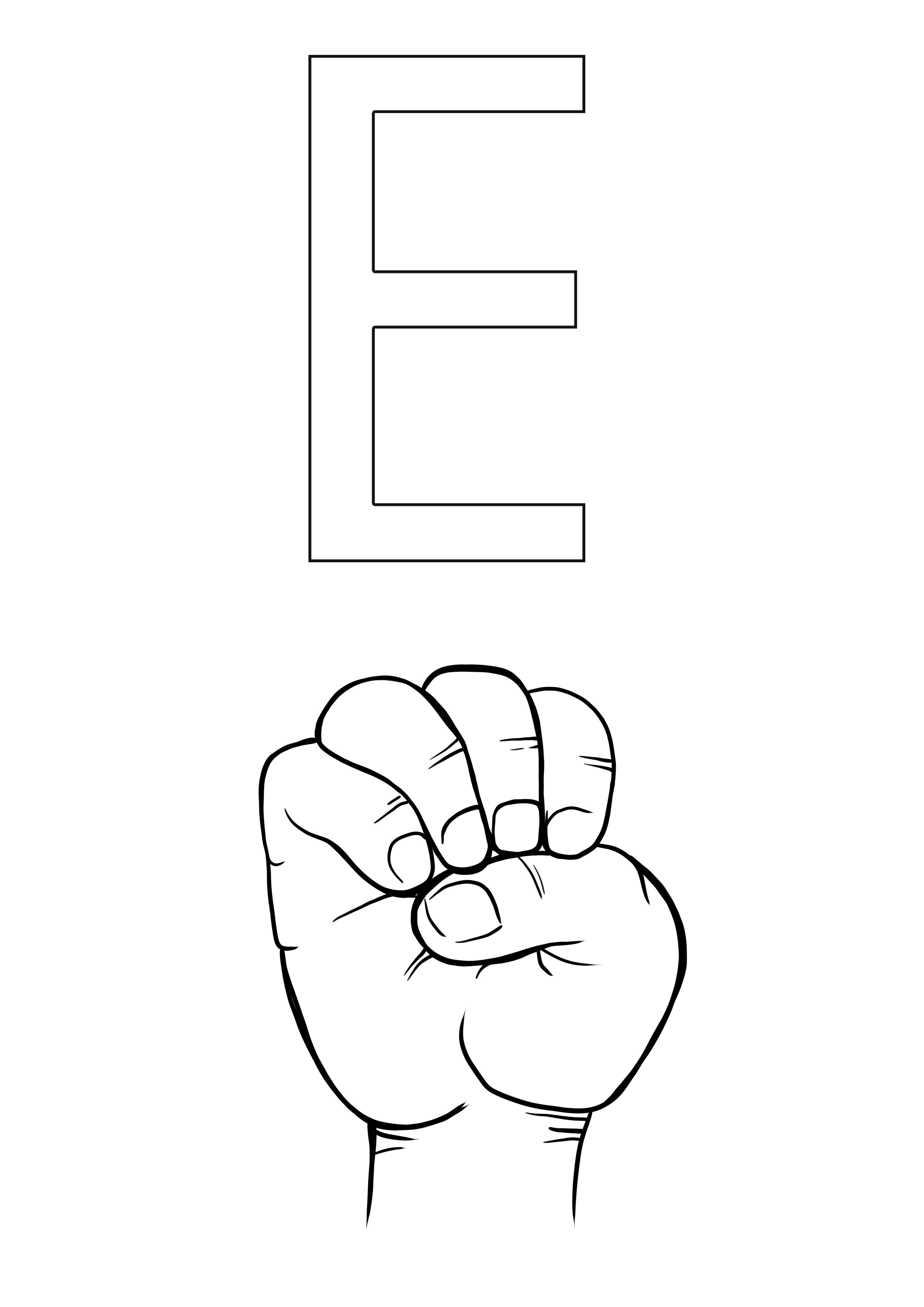 ASL letter E gratis kleuren en afdrukken kleurplaat