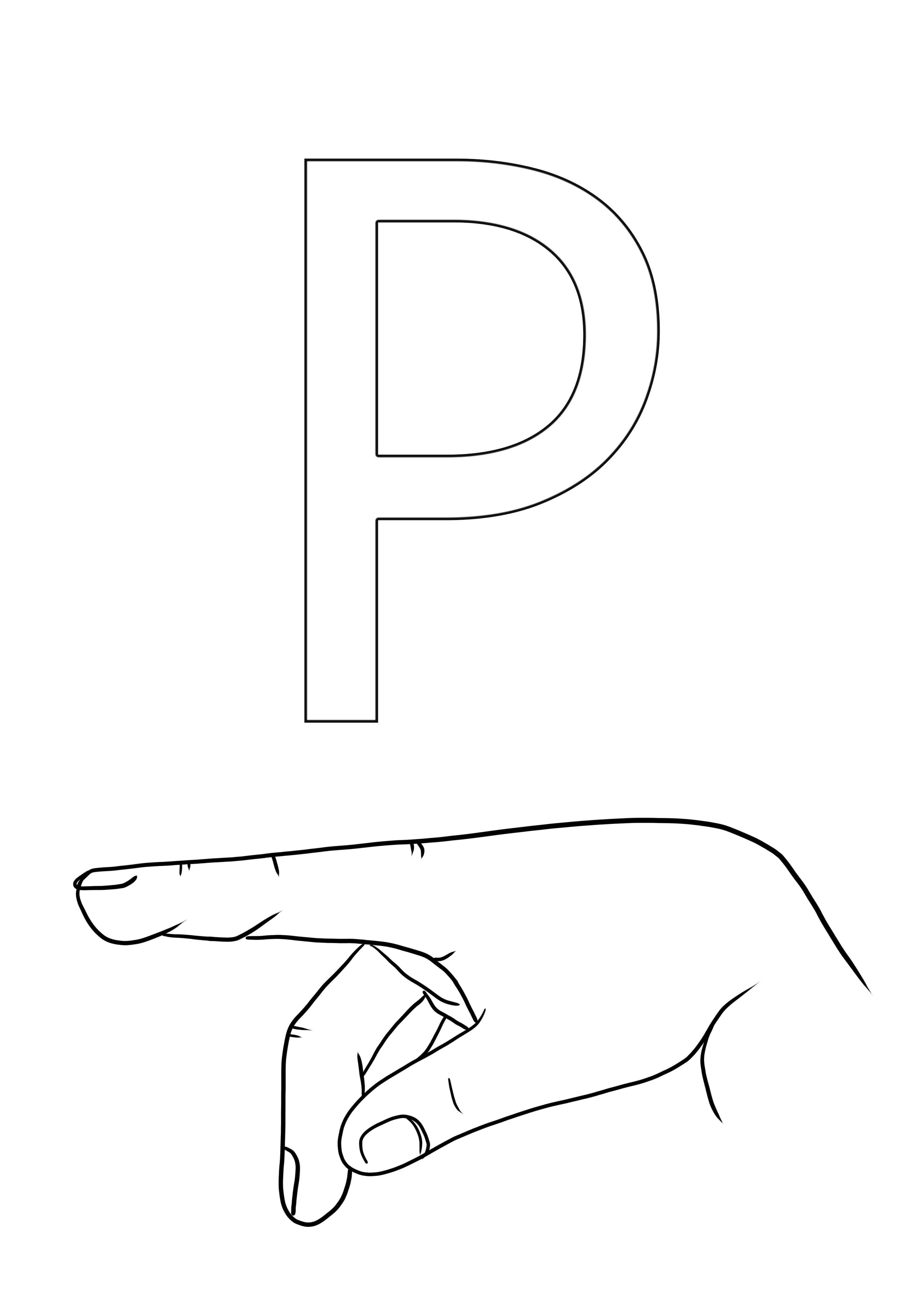 ASL letter P om gratis te kleuren en af te drukken kleurplaat