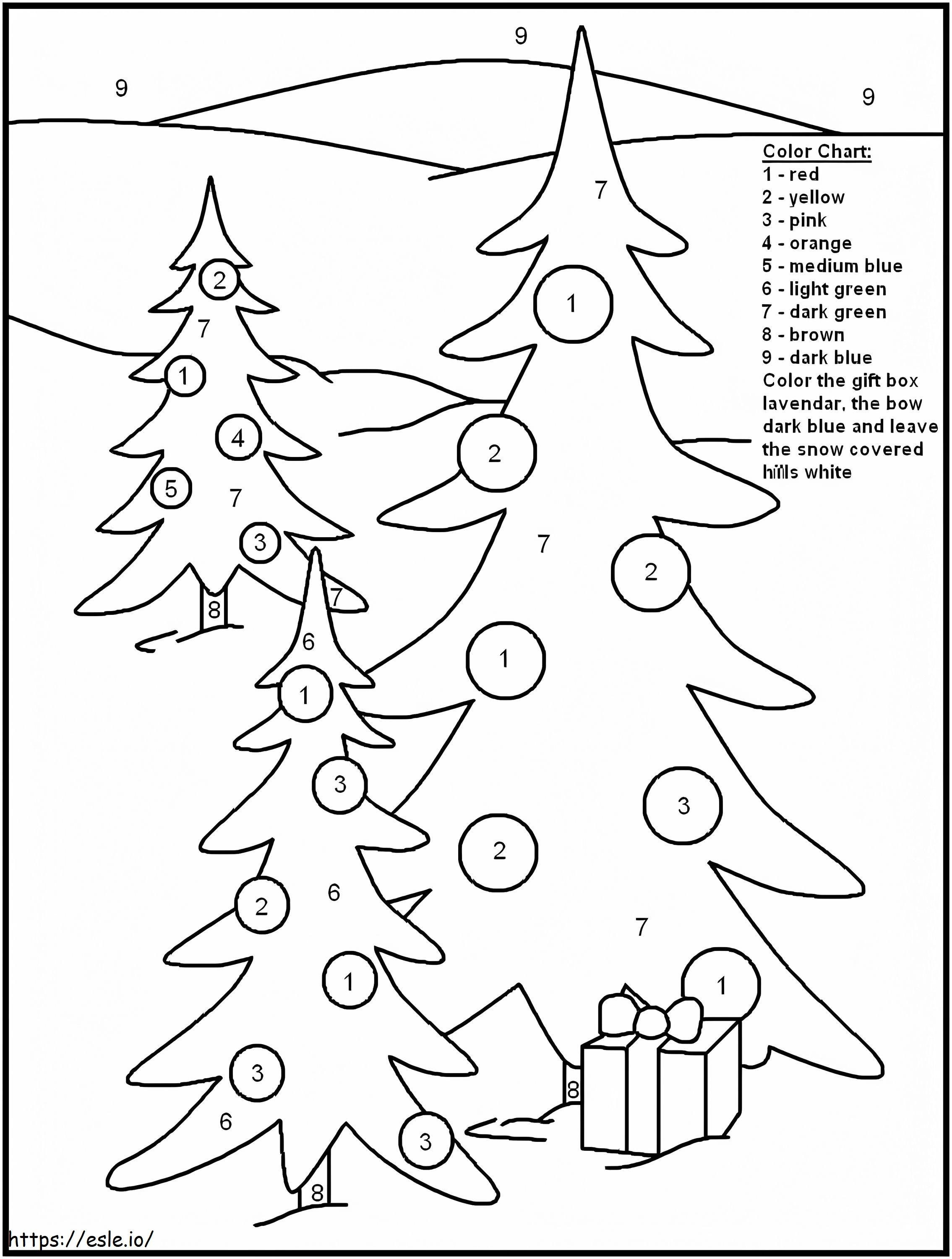 クリスマスツリーの数字による色分け ぬりえ - 塗り絵