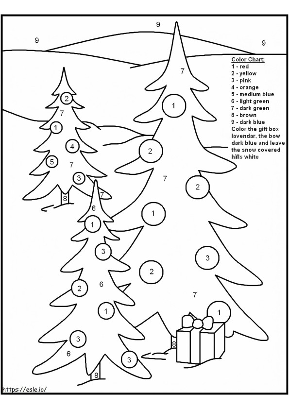 クリスマスツリーの数字による色分け ぬりえ - 塗り絵