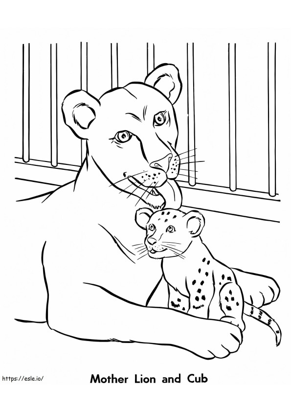 Coloriage Mère Lion et son petit dans un zoo à imprimer dessin