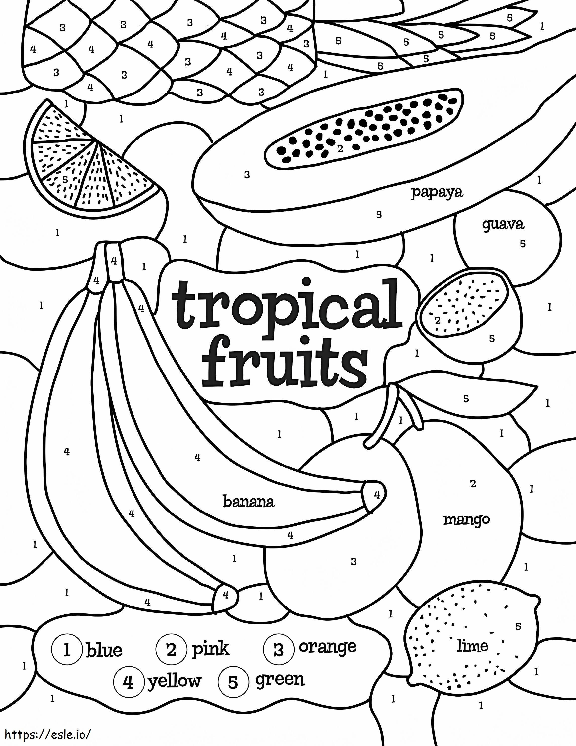 Cor de frutas tropicais por número para colorir