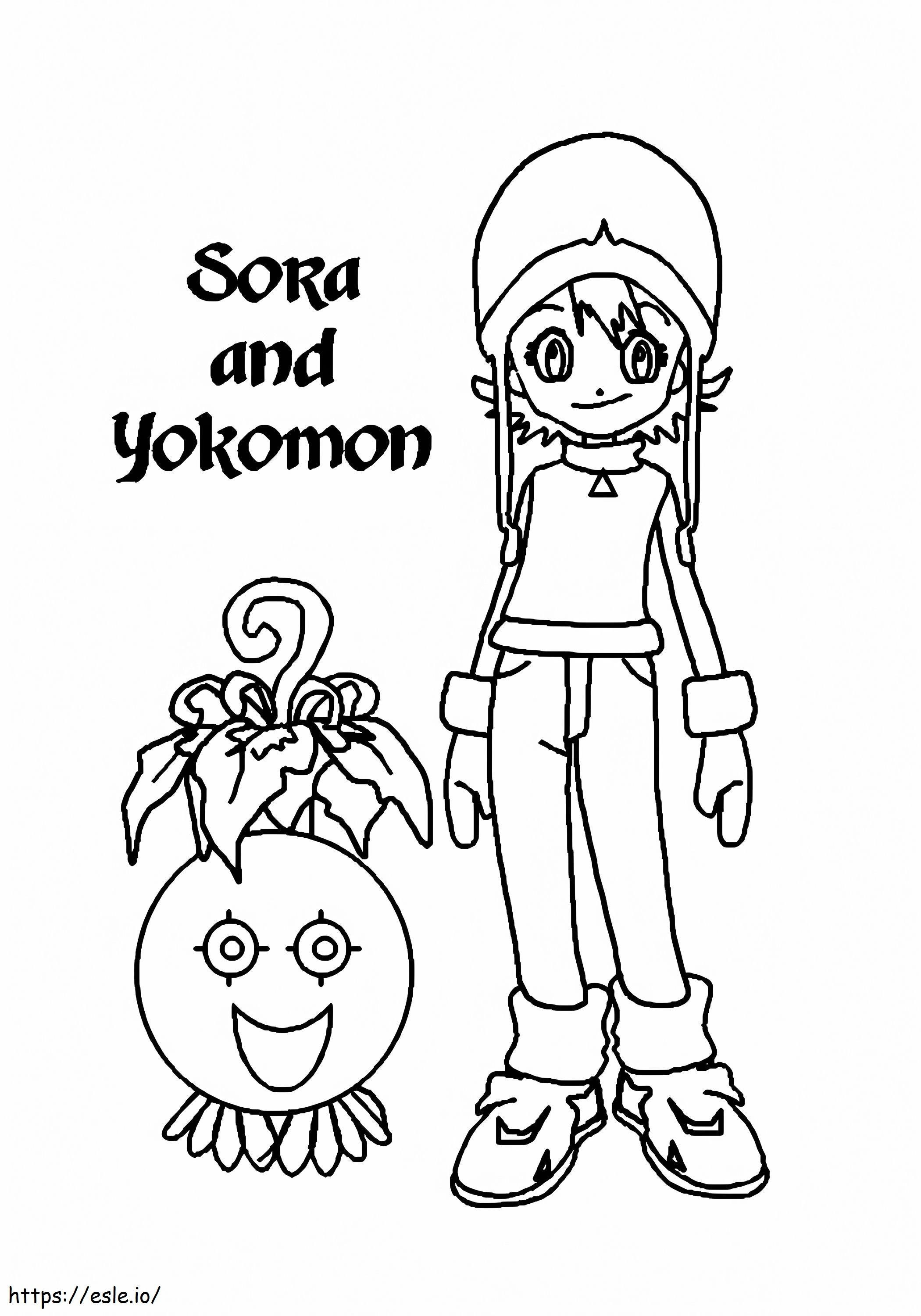 Sora y Yokomon para colorear