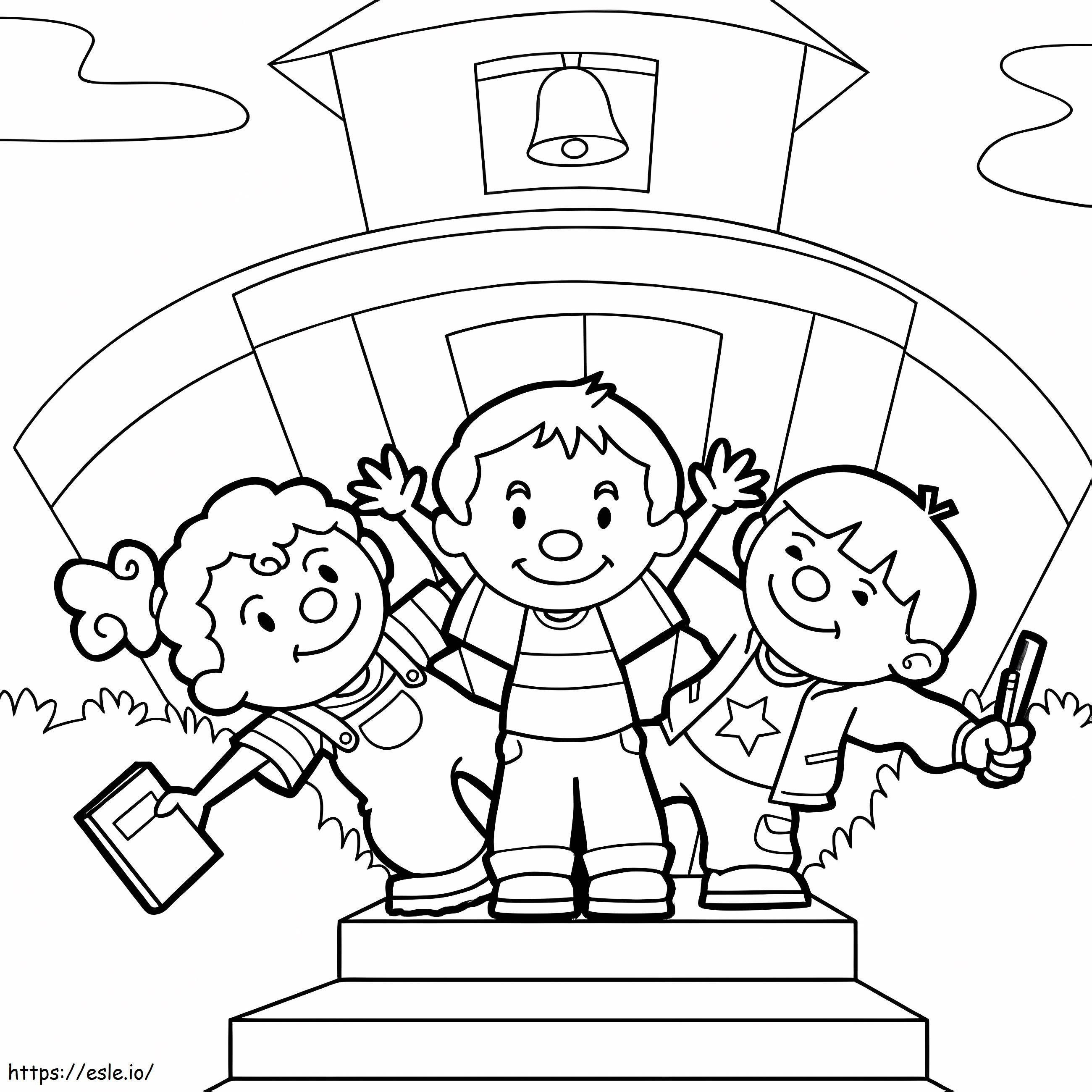 Três crianças de volta à escola para colorir