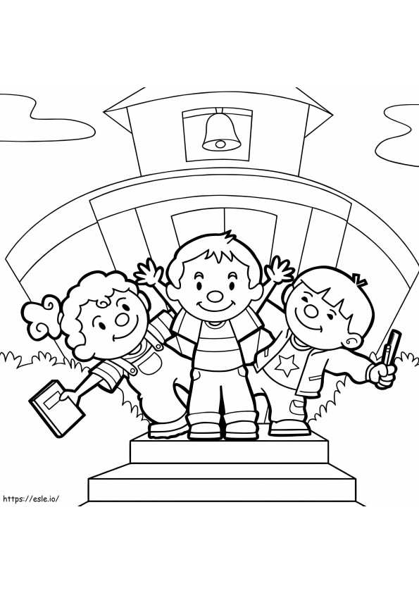 Três crianças de volta à escola para colorir